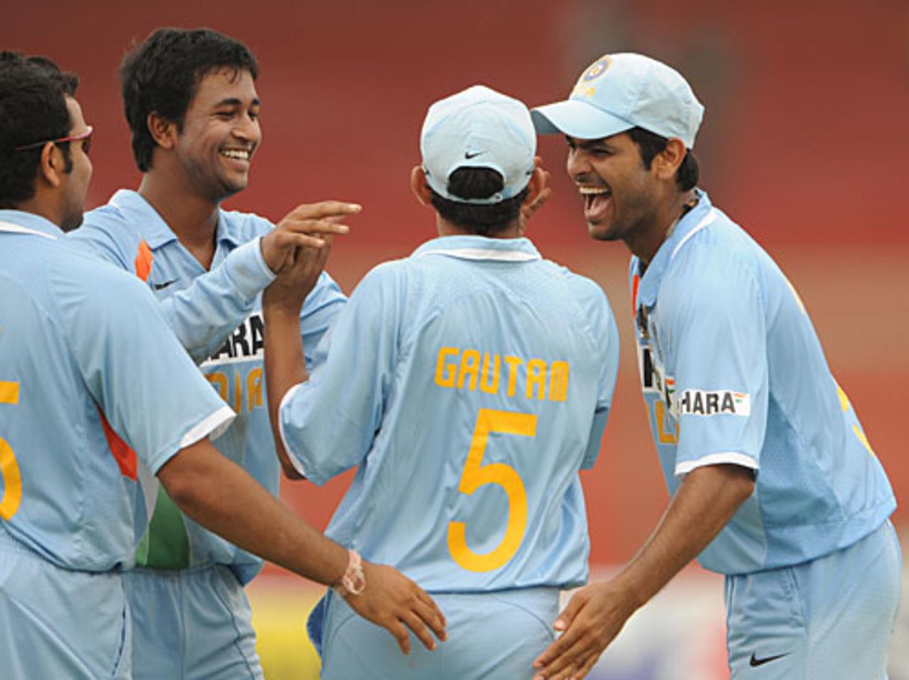 Pragyan Ojha and RP Singh congratulate Gautam Gambhir on taking the catch to dismiss Mahela Jayawardene, India v Sri Lanka, Super Four, Asia Cup, Karachi, July 3, 2008