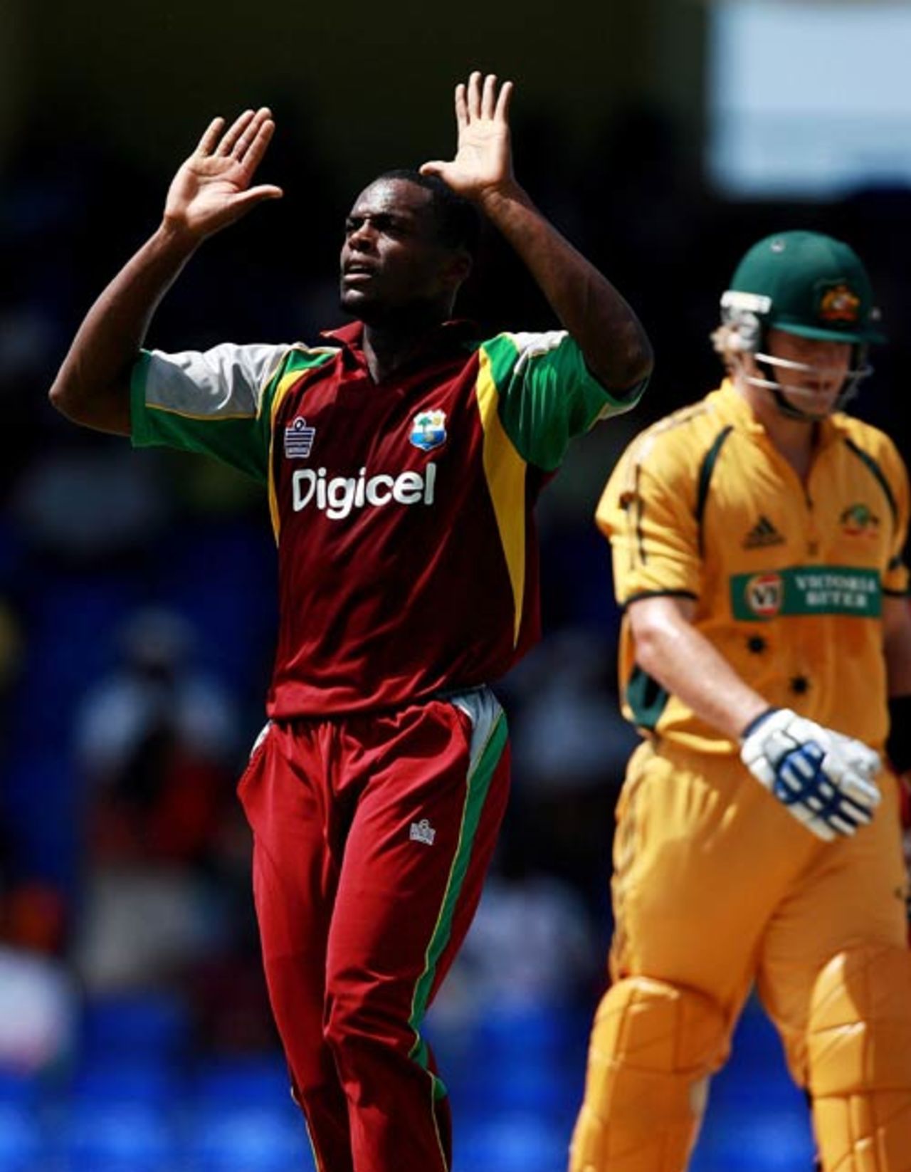 Daren Powell celebrates the wicket of Shane Watson, West Indies v Australia, 4th ODI, St Kitts, July 4, 2008