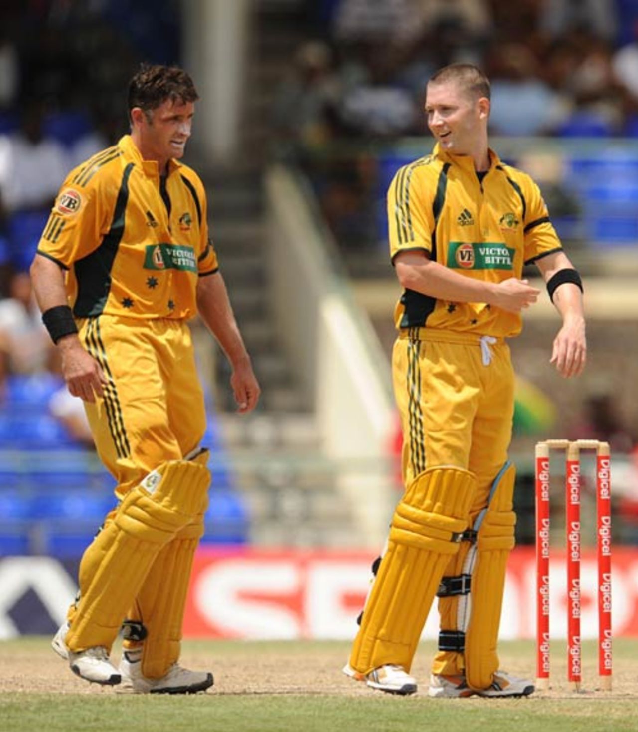 Michael Hussey and Michael Clarke take a break during their 60-run stand, West Indies v Australia, 4th ODI, St Kitts, July 4, 2008