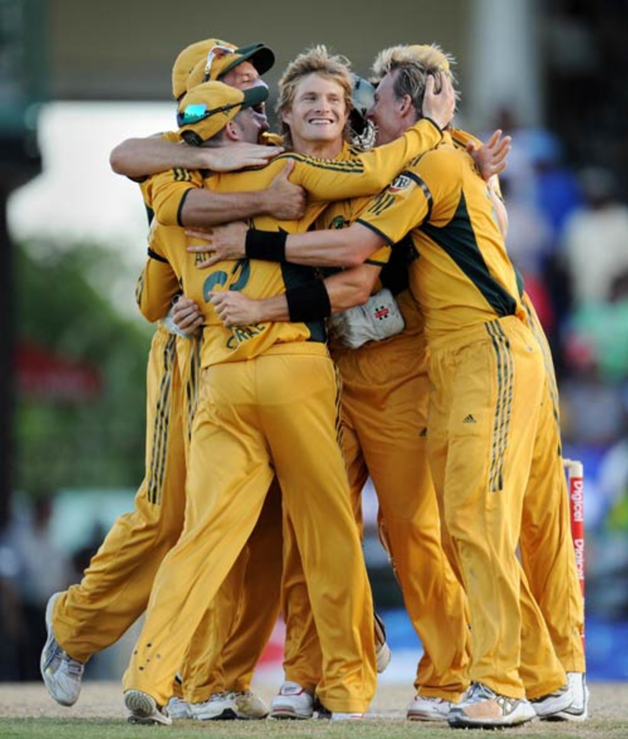 Shane Watson is mobbed by his team-mates after delivering the final ball in their one-run win, West Indies v Australia, 4th ODI, St Kitts, July 4, 2008