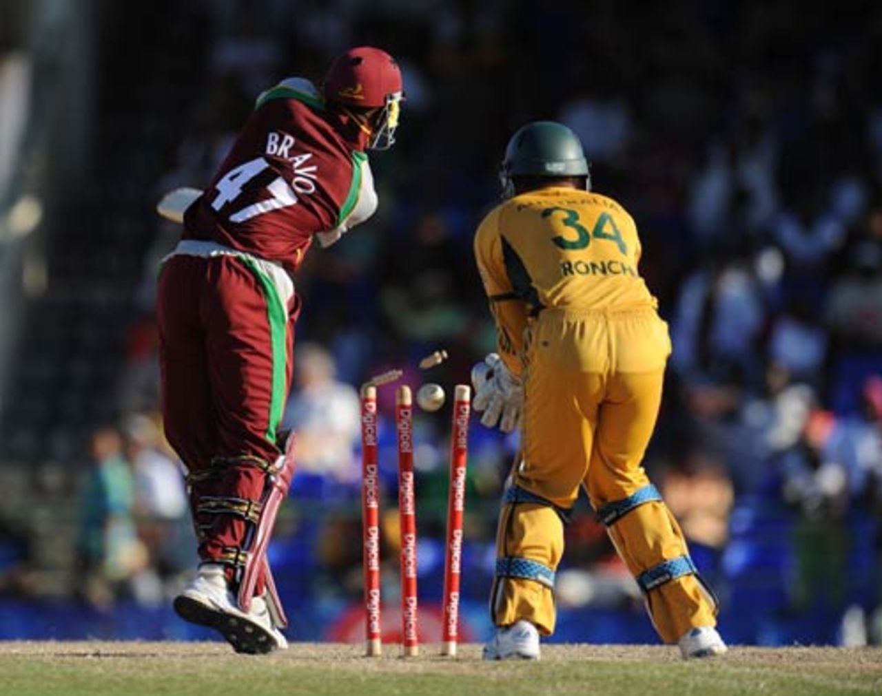 Dwayne Bravo is bowled for 31, West Indies v Australia, 4th ODI, St Kitts, July 4, 2008