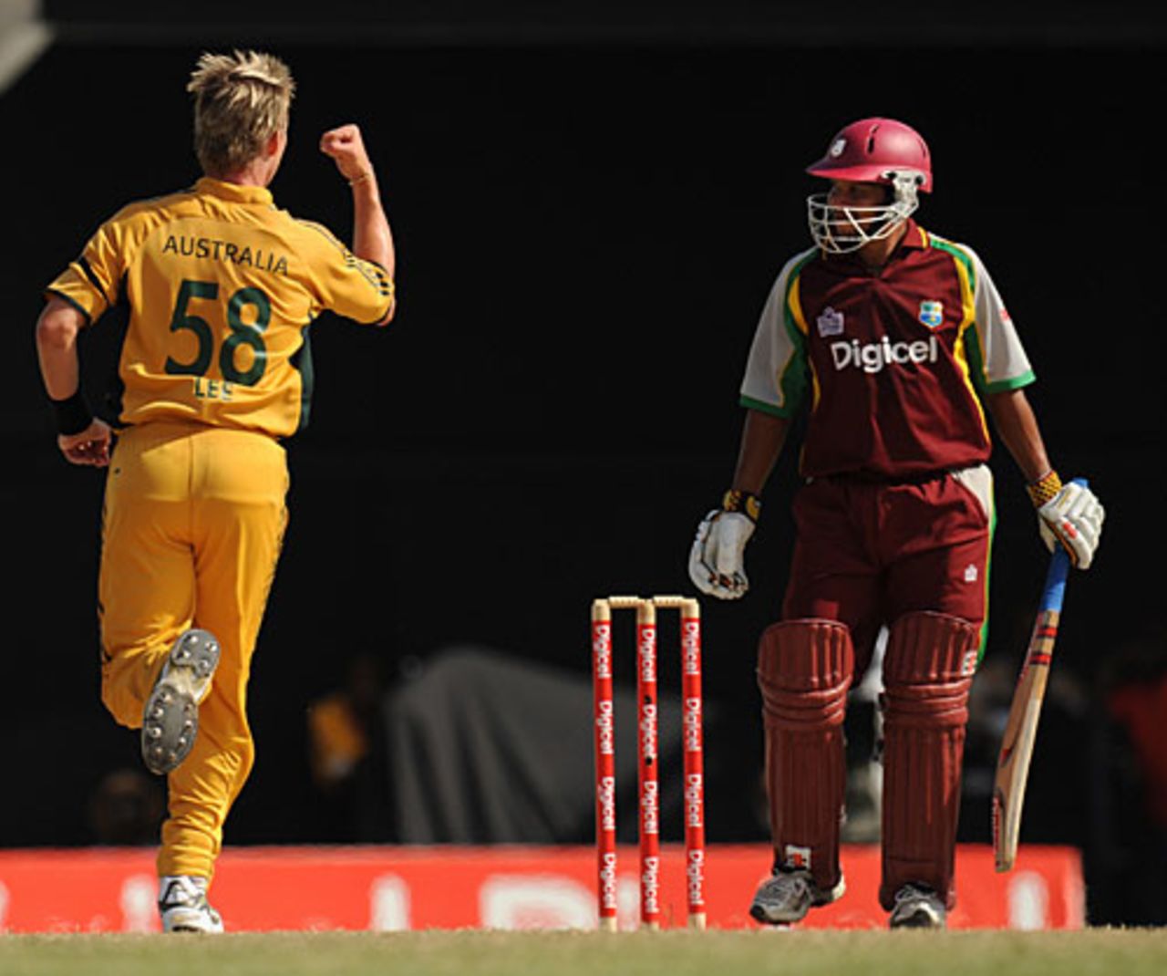 Brett Lee celebrates after Ramnaresh Sarwan is caught behind, West Indies v Australia, 4th ODI, St Kitts, July 4, 2008