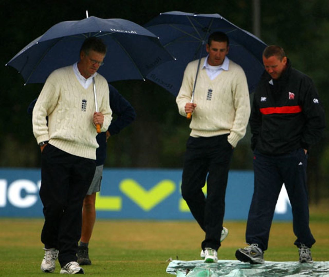 Umpires Steve Garratt and Michael Gough inspect the pitch with the groundsmen, Middlesex v South Africans, Tour match, Uxbridge, July 6, 2008