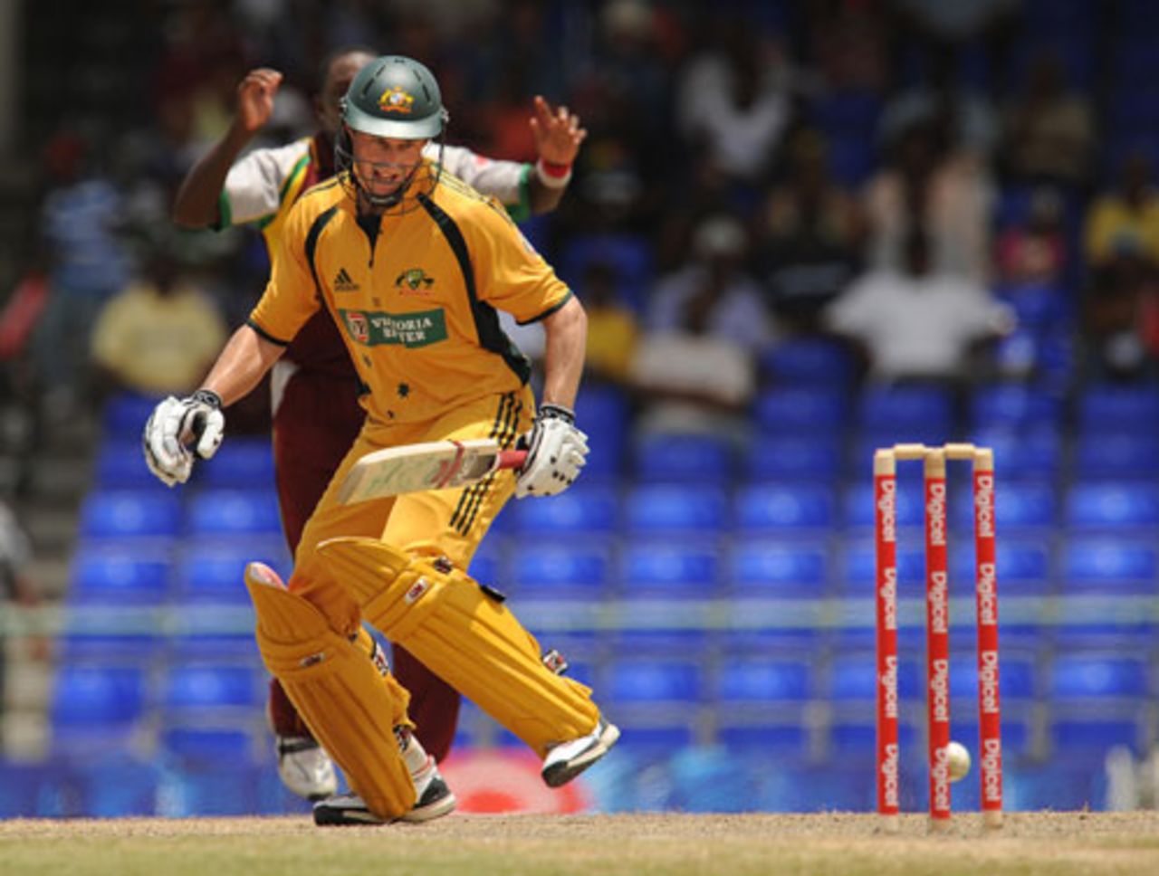 David Hussey watches as the ball crashes into the stumps without dislodging the bails, West Indies v Australia, 5th ODI, St Kitts, July 6, 2008