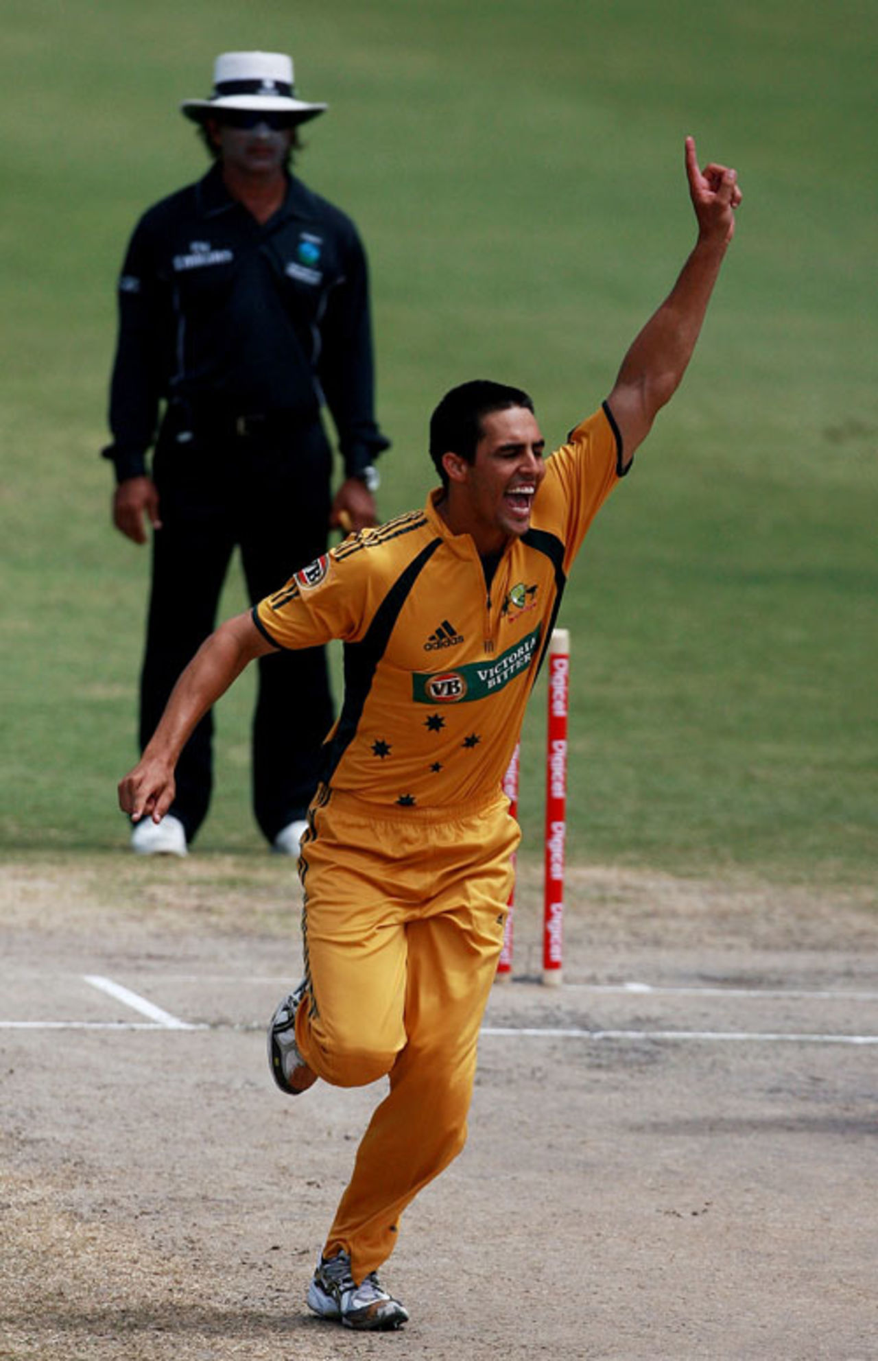 Mitchell Johnson celebrates the wicket of Chris Gayle, West Indies v Australia, 4th ODI, St Kitts, July 6, 2008