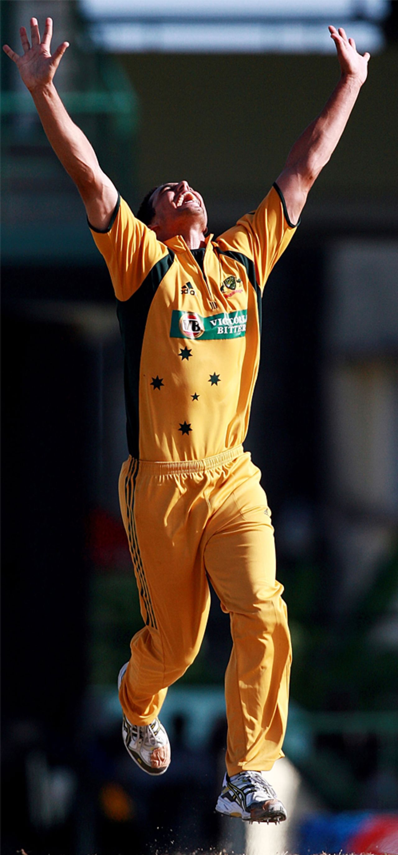 Jumping for joy: Mitchell Johnson strikes yet again, West Indies v Australia, 5th ODI, St Kitts, July 6, 2008