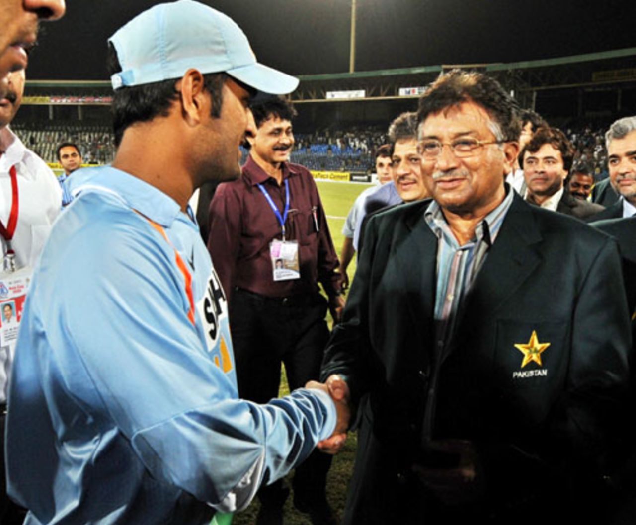 Mahendra Singh Dhoni greets Pakistan President Pervez Musharraf, India v Sri Lanka, Asia Cup final, Karachi, July 6, 2008