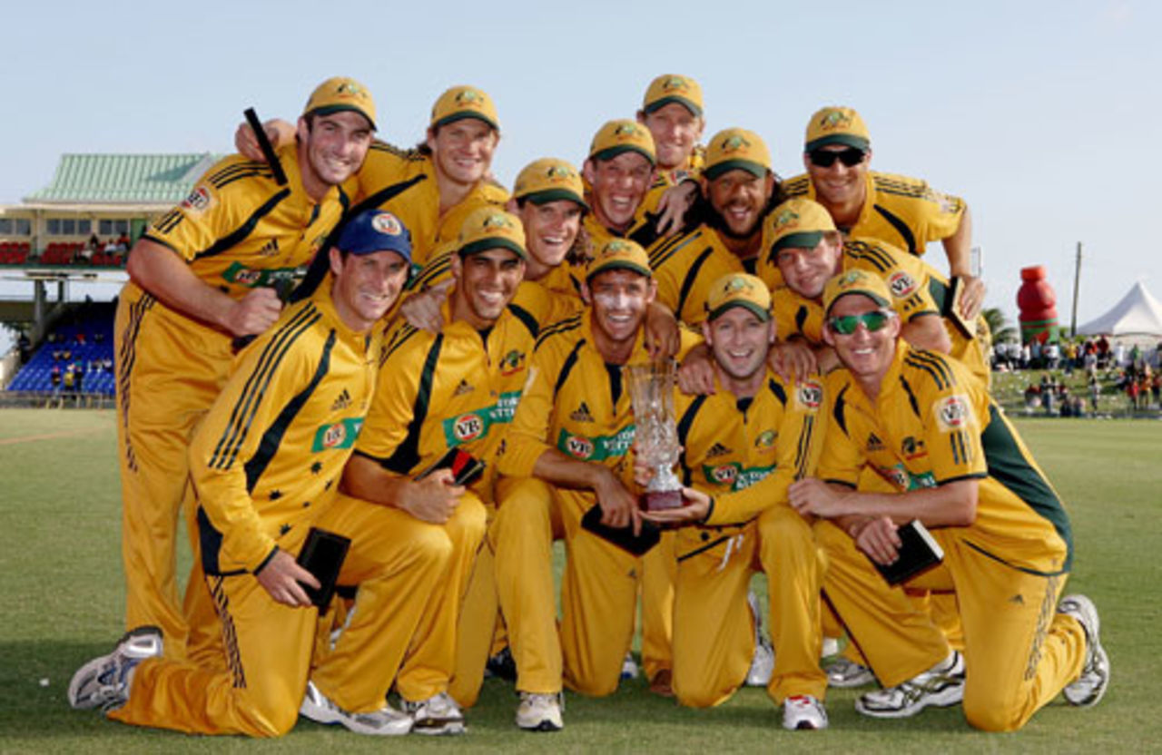 The Australia squad with the trophy after securing a 5-0 series whitewash, West Indies v Australia, 5th ODI, St Kitts, July 6, 2008