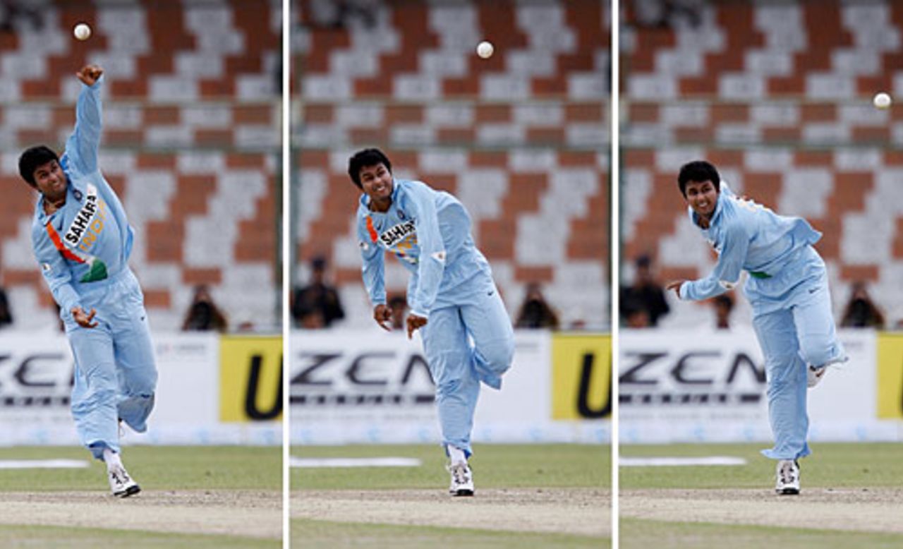 Pragyan Ojha in his final delivery stride, Bangladesh v India, Super Four, Asia Cup, Karachi, June 28, 2008 