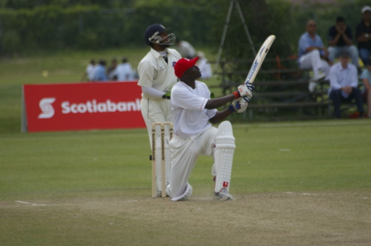 Henry Osinde hits the ball straight to the boundary fieldsman to bring the match to an end, ICC Intercontinental Cup, 4th day, King City