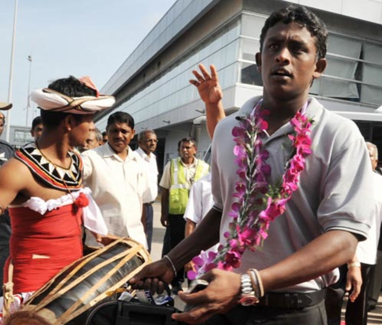 Ajantha Mendis arrives at Colombo airport after a successful Asia Cup campaign, Colombo, July 9, 2008