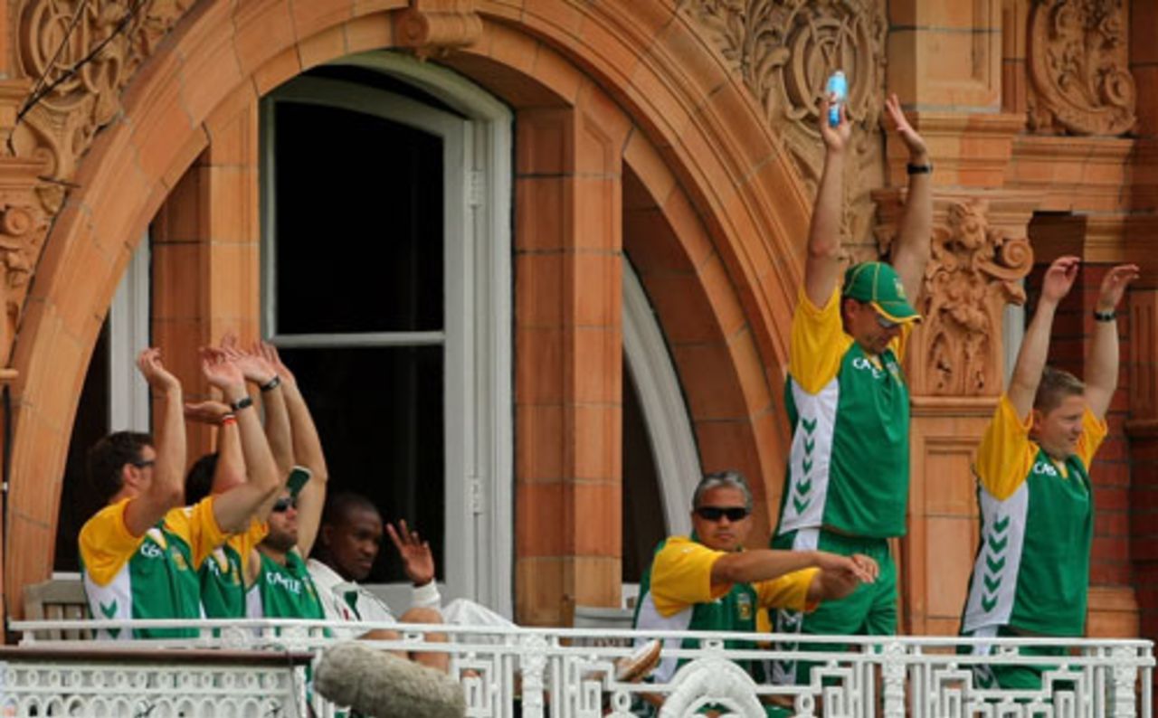 The South African balcony celebrate Hashim Amla's fifth Test hundred and first at Lord's, England v South Africa, 1st Test, Lord's, 5th day, July 14, 2008