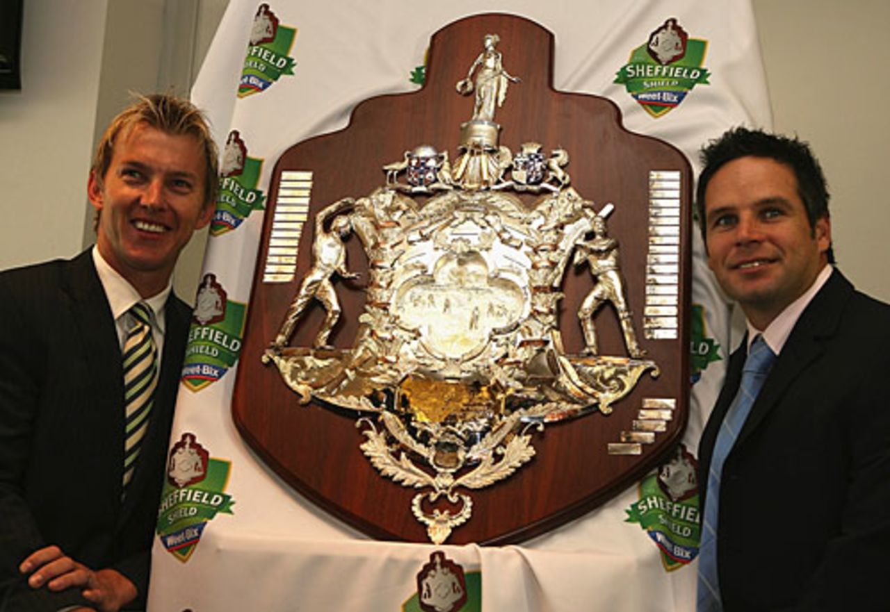 Brad Hodge and Brett Lee at the unveiling of the Sheffield Shield, Melbourne, July 16, 2008