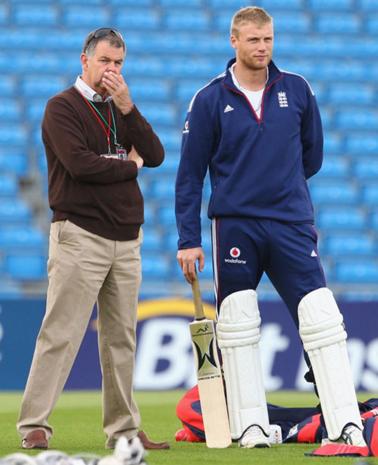 Geoff Miller and Andrew Flintoff ponder life in the Headingley nets ahead of the second Test, Headingley, July 16, 2008