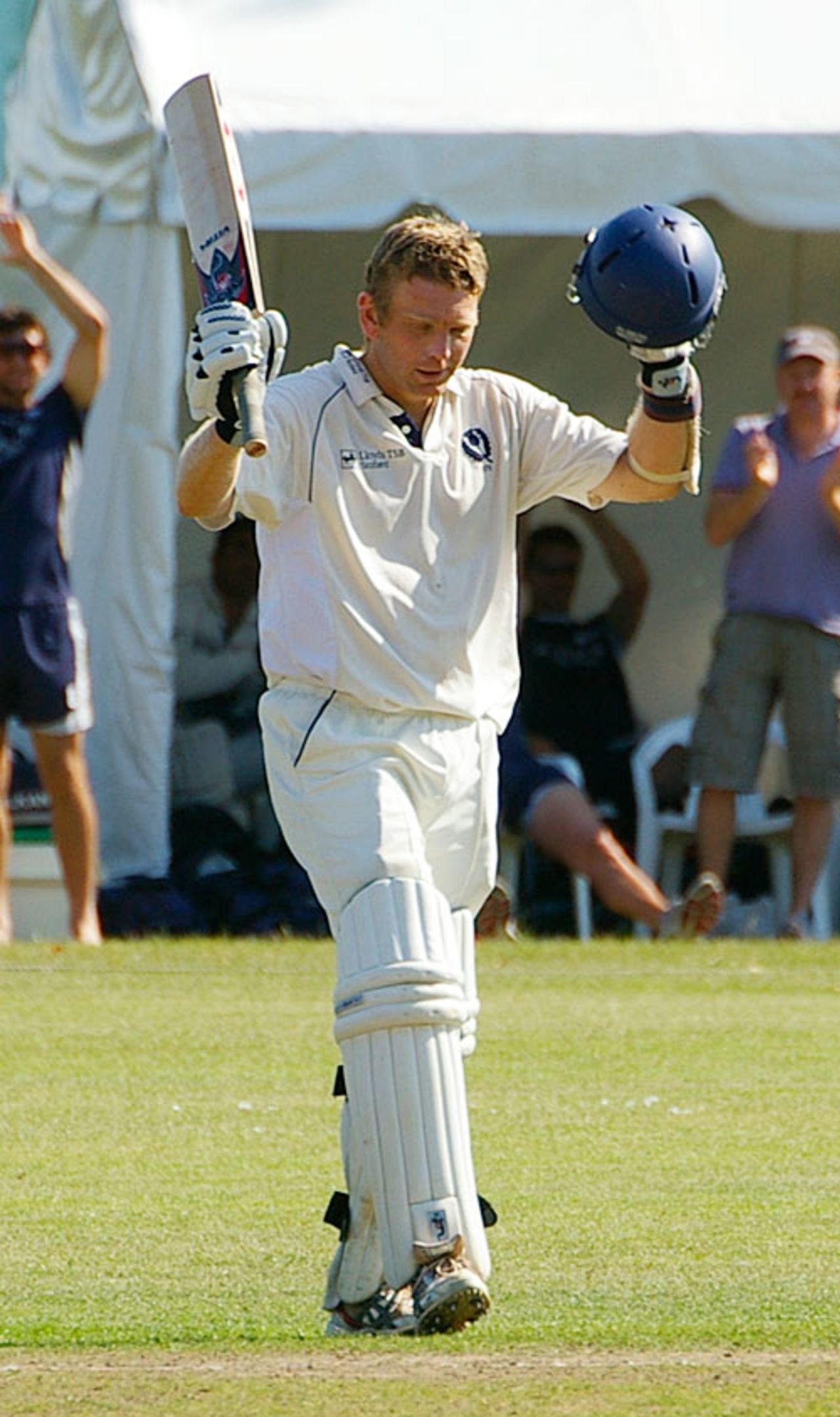 Douglas Lockhart celebrates his century on the first day, Canada v Scotland, Intercontinental Cup, King City, July 16, 2008