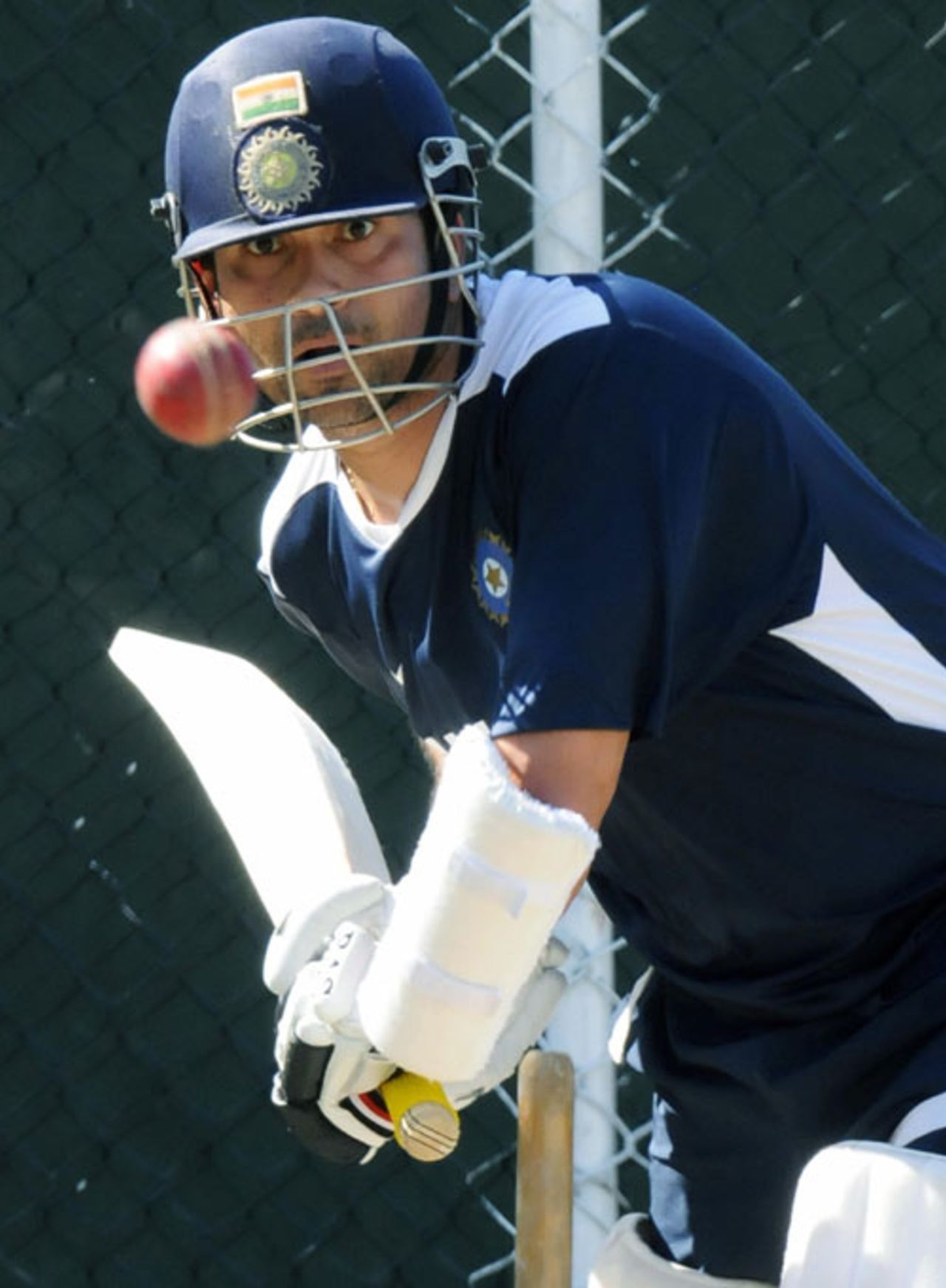 Sachin Tendulkar keeps his eyes on the ball during a net session, Sinhalese Sports Club ground, Colombo, July 17, 2008