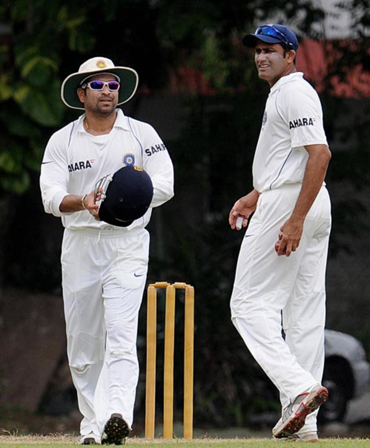 Sachin Tendulkar and Anil Kumble during the warm-up game, Sri Lanka Board XI v Indians, tour match, 1st day, July 18, 2008