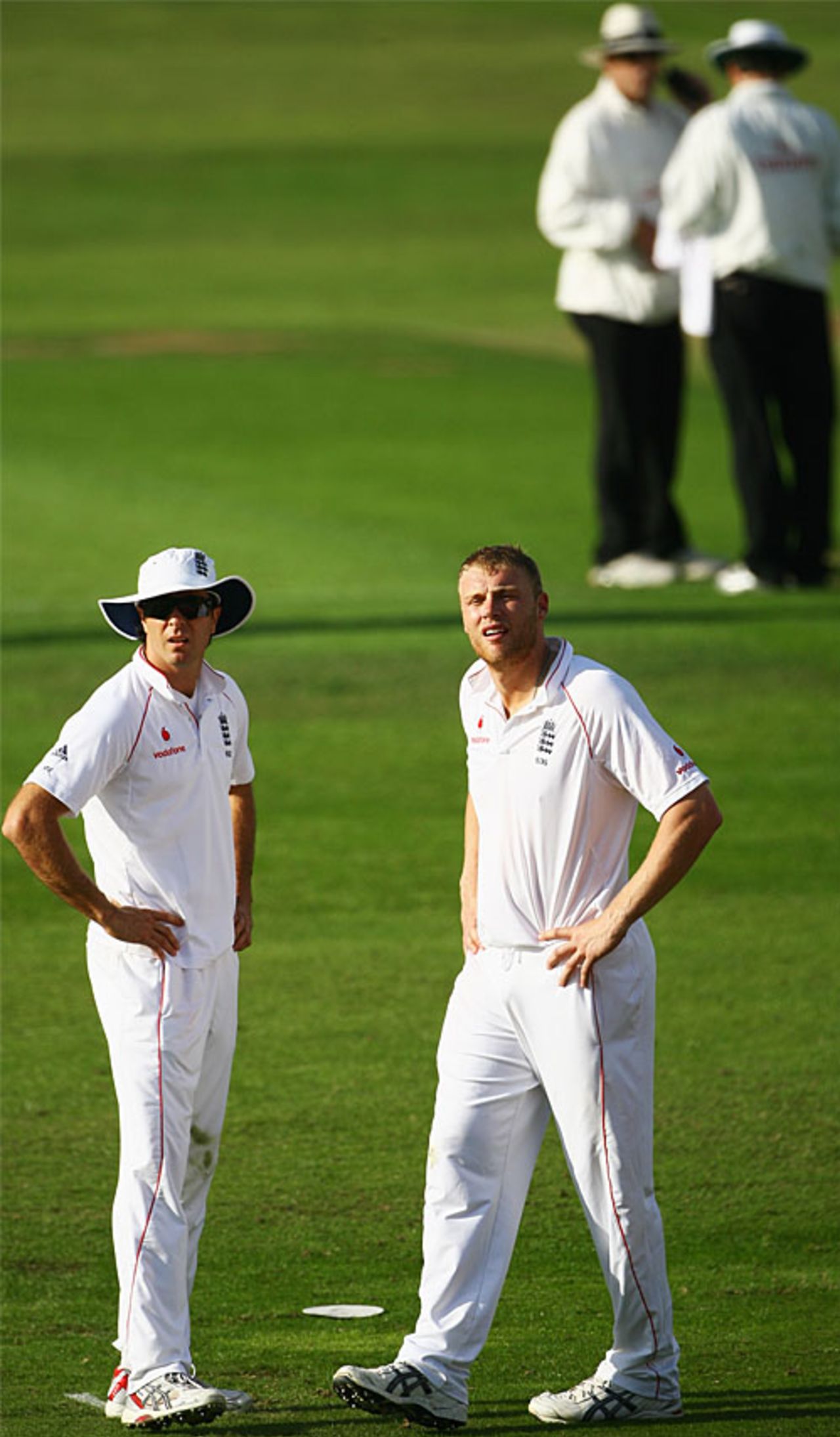 Michael Vaughan and Andrew Flintoff wait for the verdict on whether Hashim Amla was caught, England v South Africa, 2nd Test, Headingley, July 18, 2008