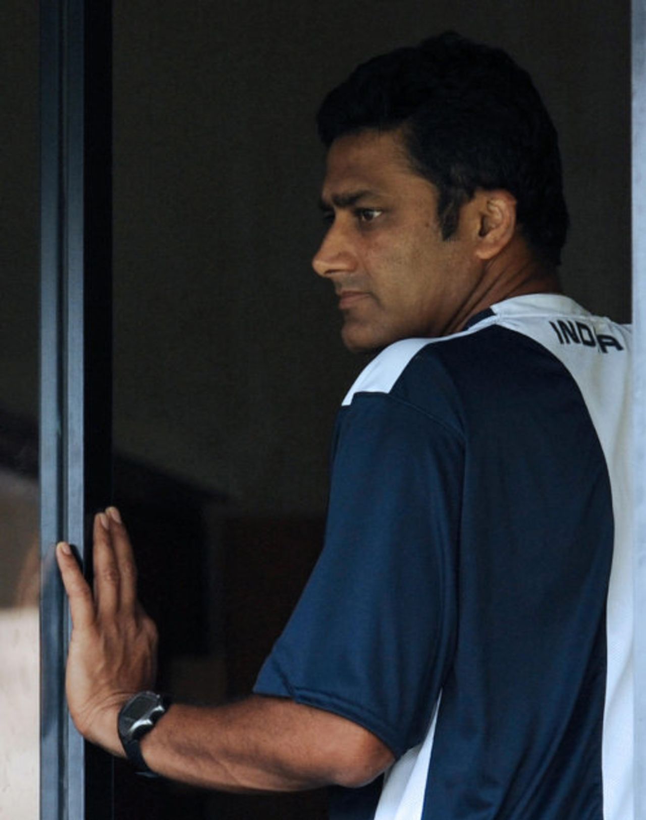 Anil Kumble looks on from the dressing room after rain interrupted play, Sri Lanka Board XI v Indians, tour match, 2nd day, July 19, 2008