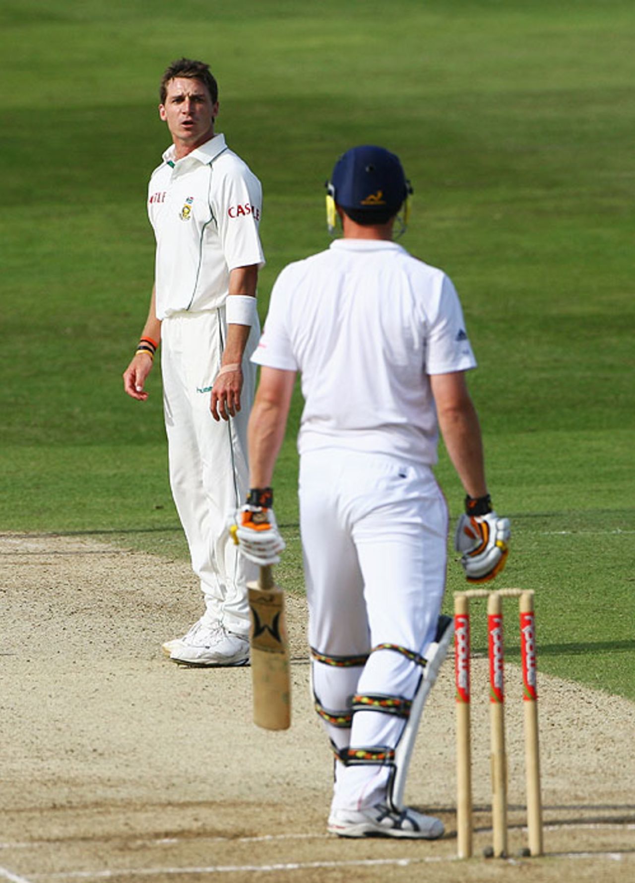 A pumped-up Dale Steyn glares at Andrew Flintoff, England v South Africa, 2nd Test, Headingley, July 21, 2008