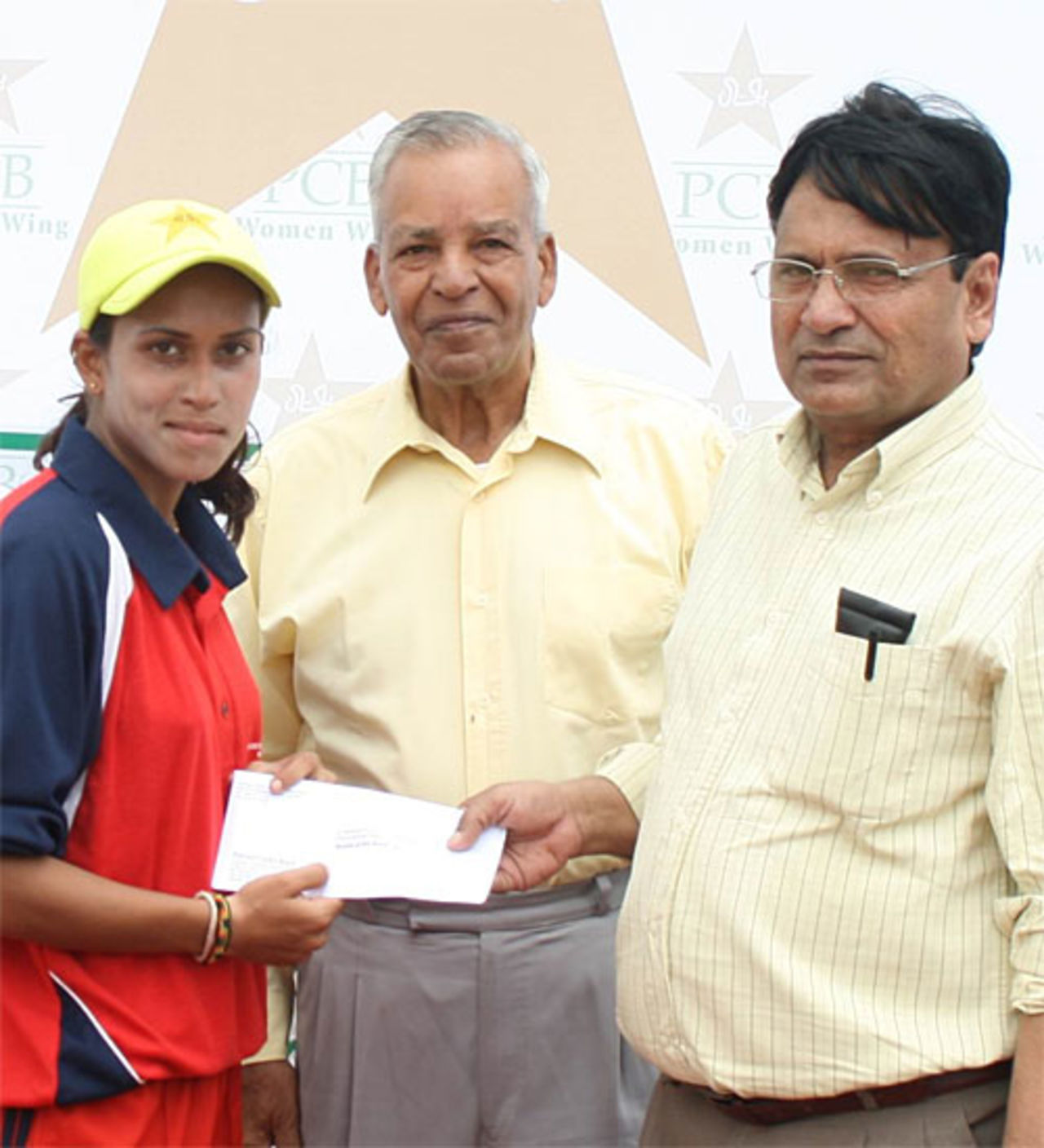South Zone player Nain Abidi picks up the Player of the Match award for their game with Central Zone Green in the first women's Twenty20 Quadrangular Championship in Pakistan 