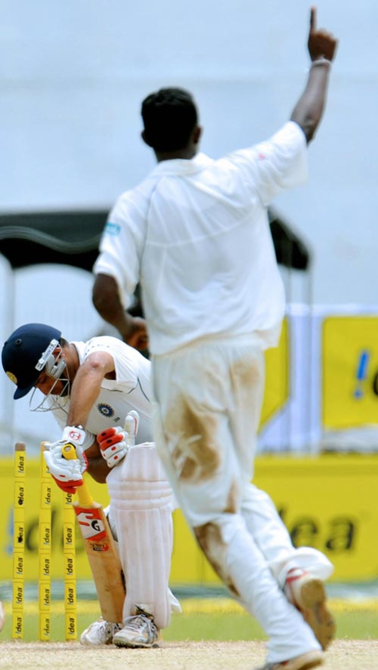 Ajantha Mendis is cock-a-hoop after foxing VVS Laxman, Sri Lanka v India, 1st Test, SSC, Colombo, 4th day, July 26, 2008