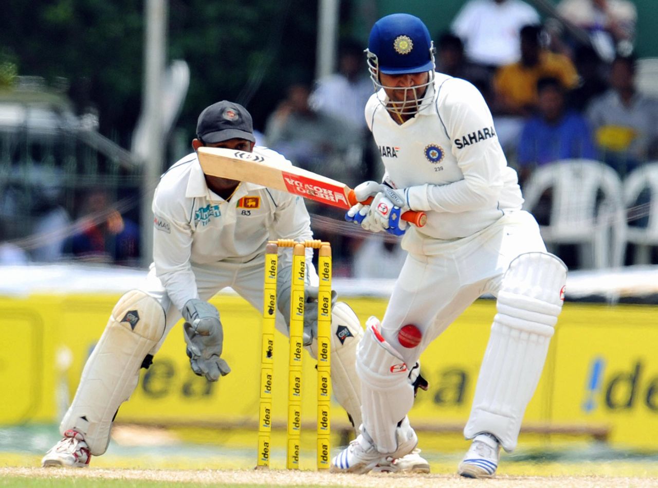Virender Sehwag is hit on the back leg by the ball, becoming the first player to be dismissed via the review system when he was given out lbw, Sri Lanka v India, 1st Test, day four, SSC, Colombo, July 26, 2008