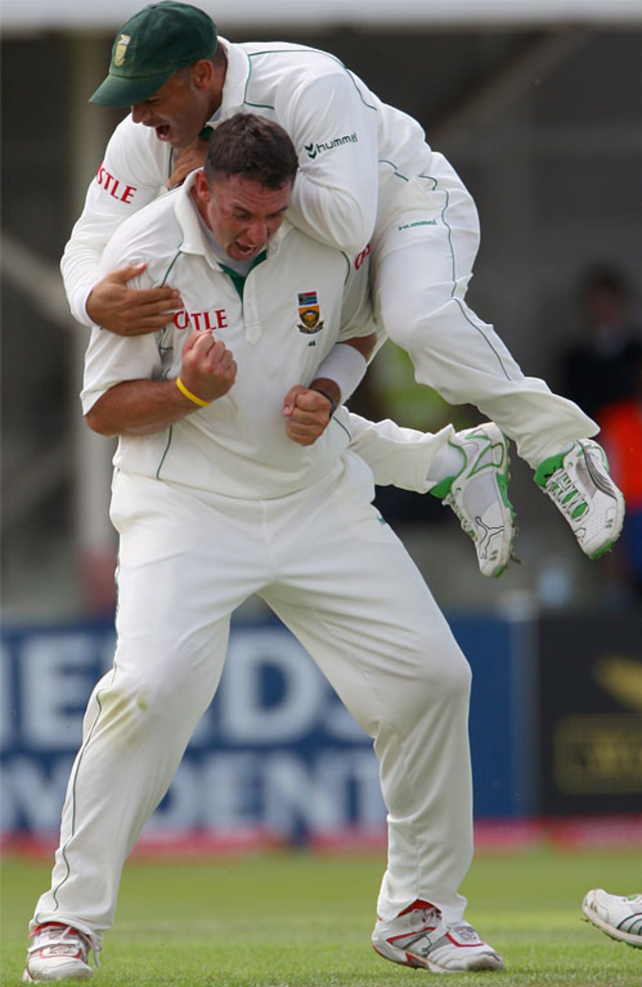 Ashwell Prince jumps on Andre Nel who had just captured two wickets in two balls, England v South Africa, 3rd Test, July 30, 2008