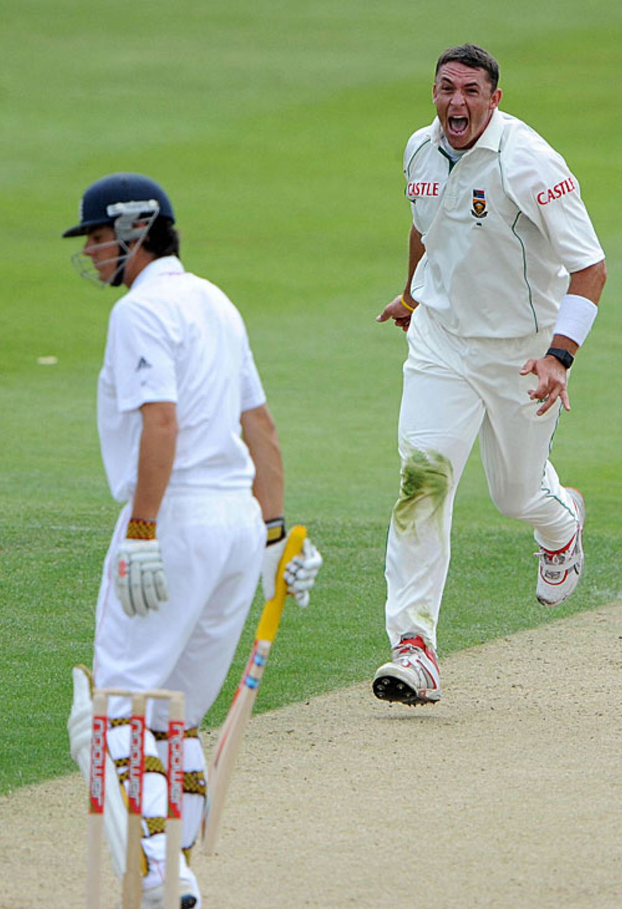 Andre Nel celebrates the wicket of his Essex team-mate, Alastair Cook, in typically enthusiastic style, England v South Africa, 3rd Test, July 30, 2008