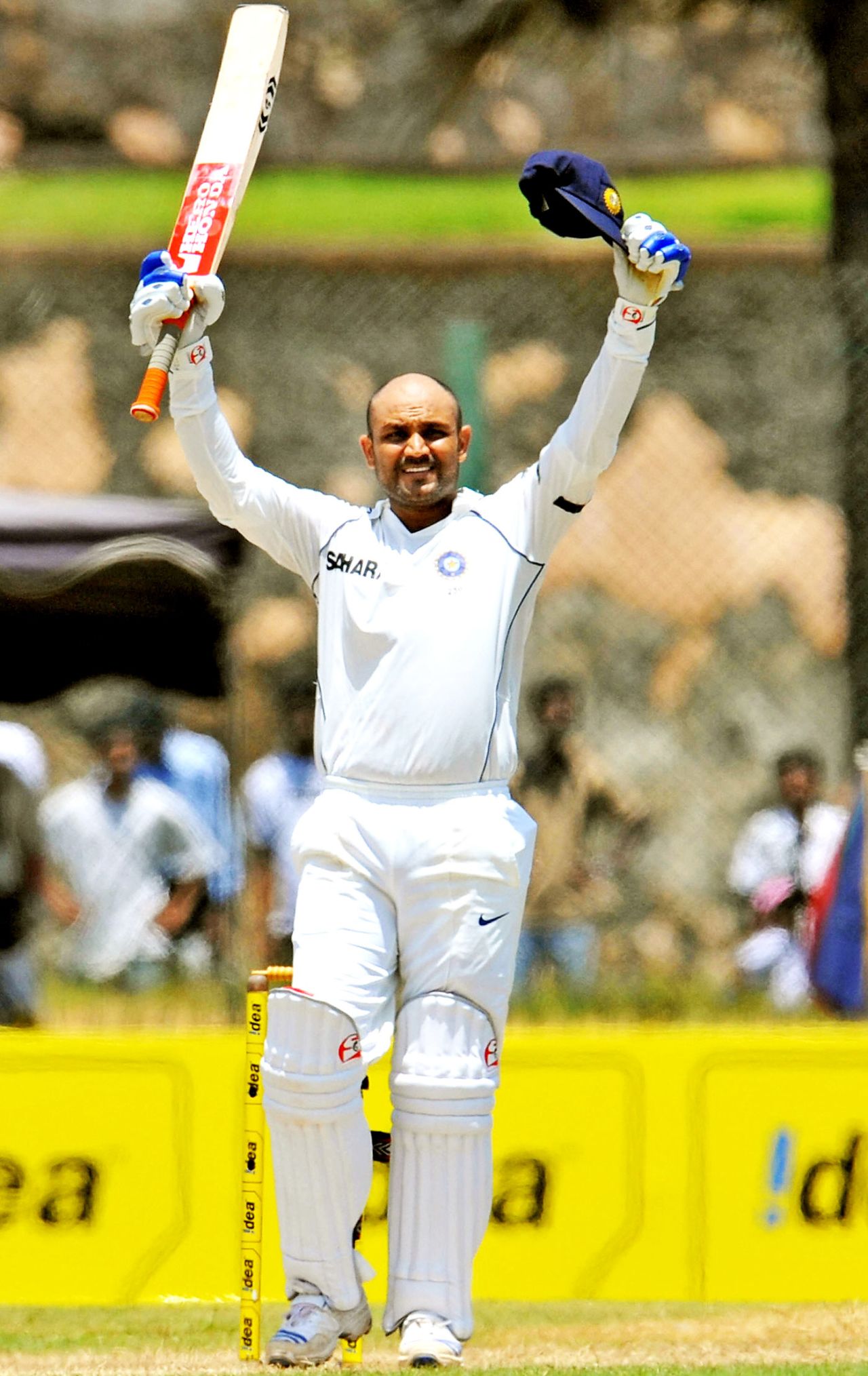 Virender Sehwag celebrates his 15th Test century, Sri Lanka v India, 2nd Test, Galle, 1st day, July 31, 2008