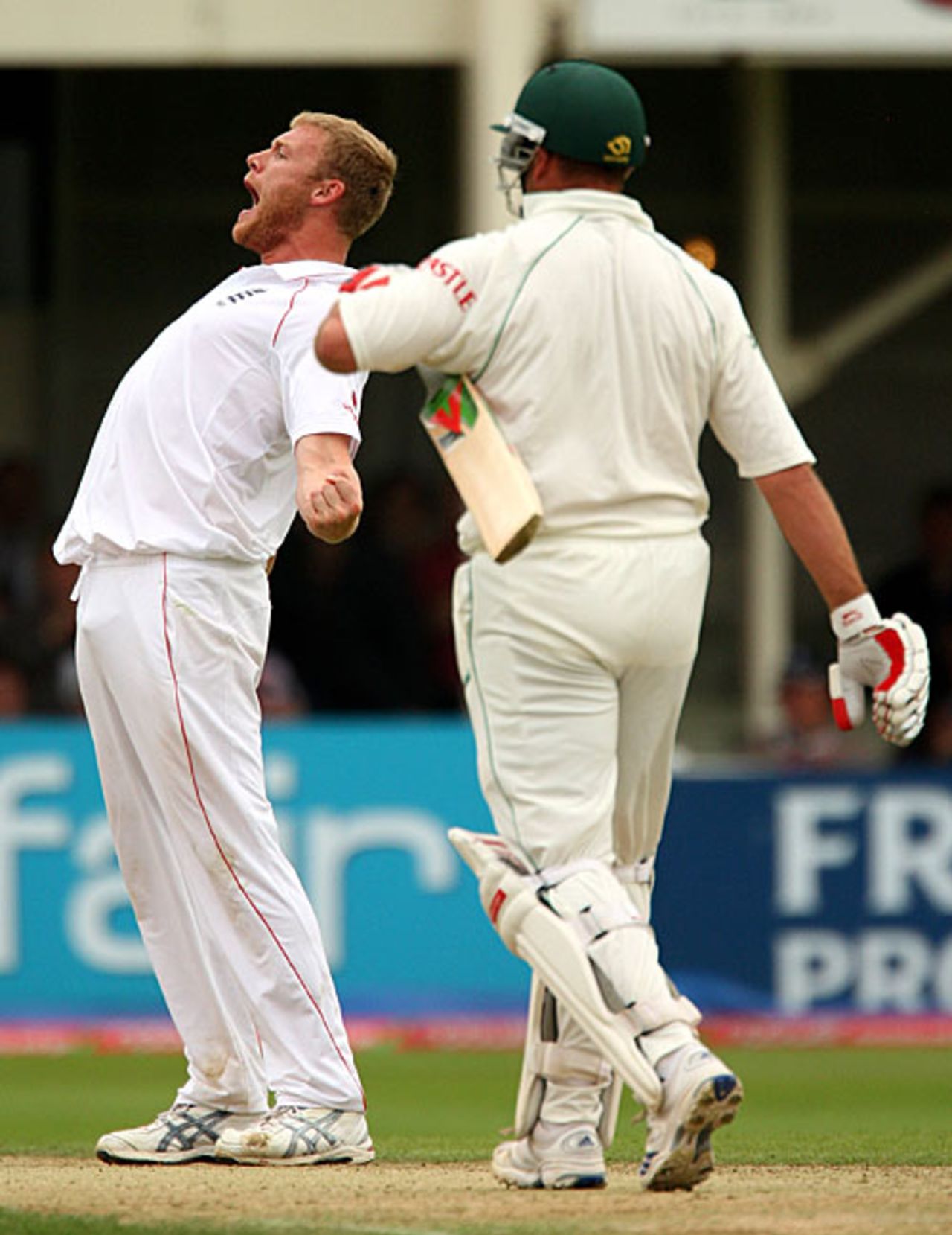 Andrew Flintoff is pumped after bowling Jacques Kallis, England v South Africa, 1st Test, Edgbaston, July 31, 2008
