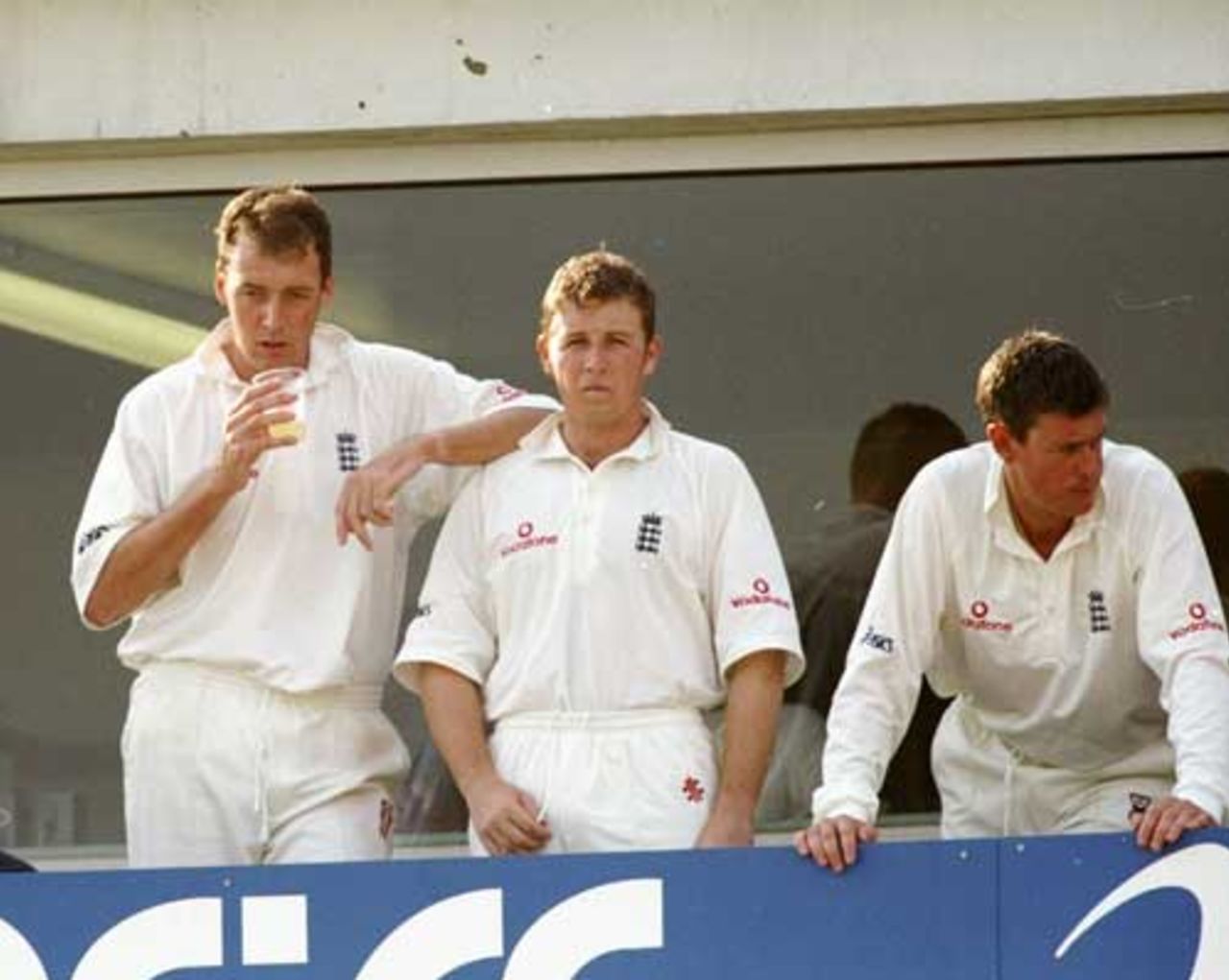 Angus Fraser and Robert Croft on the balcony, England v South Africa, third Test, Old Trafford, 1998