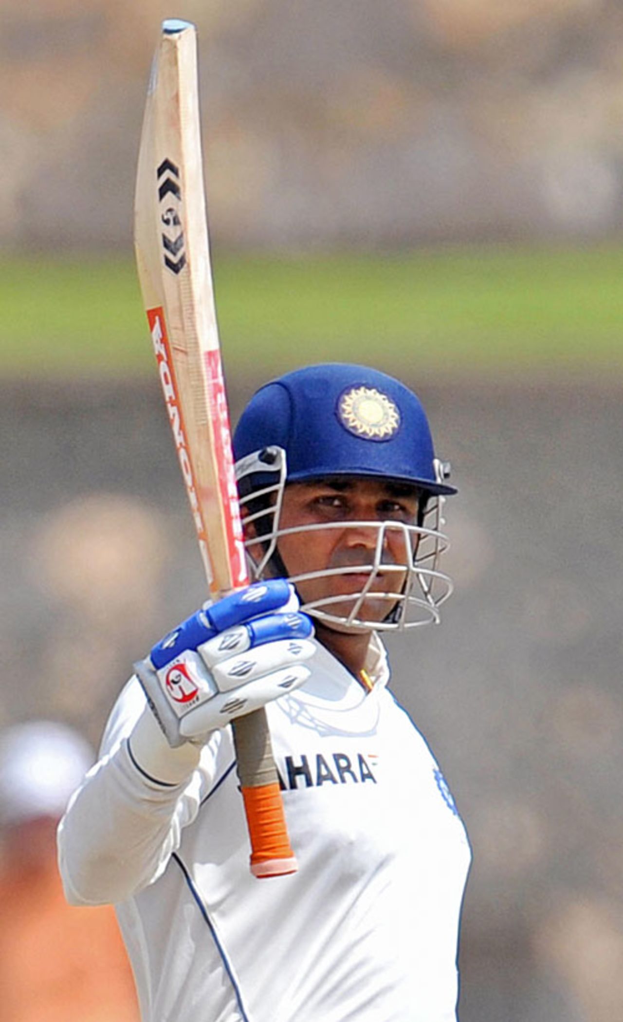 Virender Sehwag raises the bat after reaching his fifty, Sri Lanka v India, 2nd Test, Galle, 3rd day, August 2, 2008
