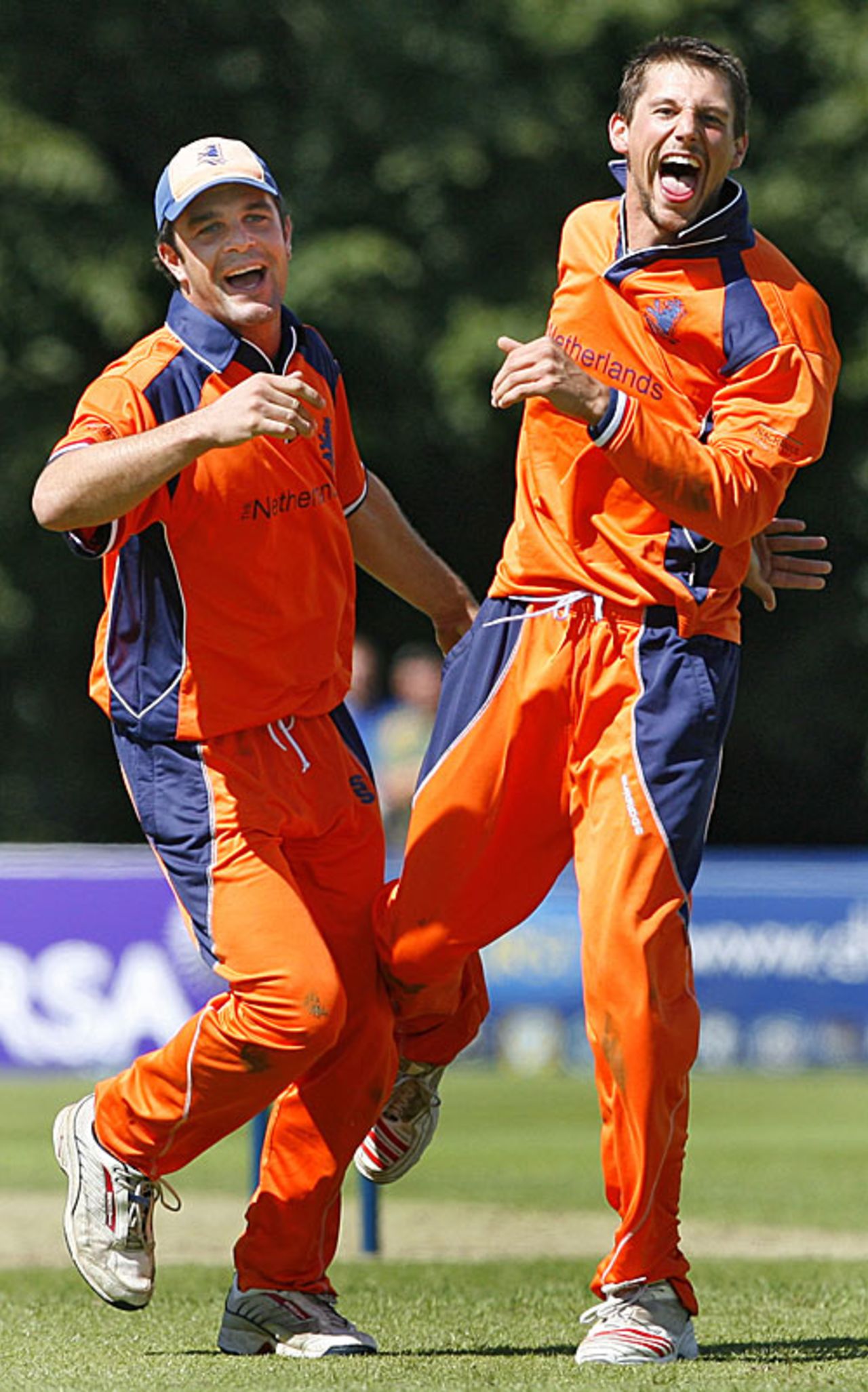 Peter Borren and Pieter Seelaar celebrate another wicket during Netherlands' victory over Kenya, Kenya v Netherlands, ICC World Twenty20 Qualifier, Belfast, August 2, 2008