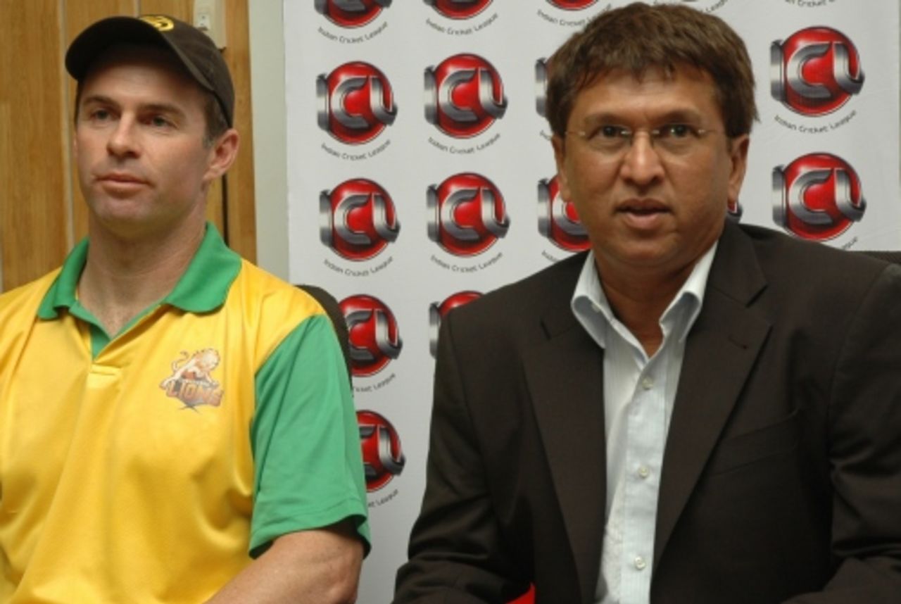 Jock Campbell, the ICL's high performance director, and Kiran More address a press conference, August 2, 2008 