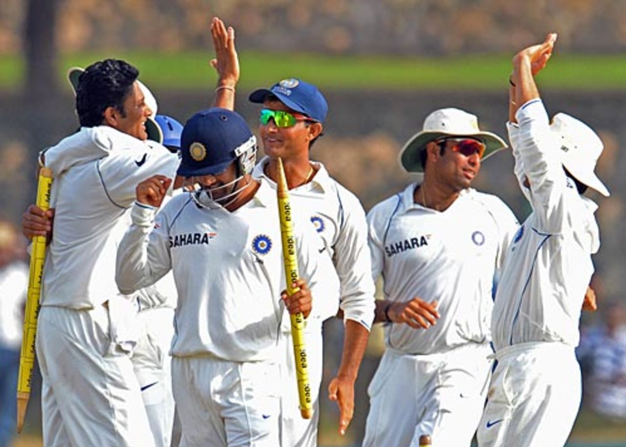 The Indians congratulate each other after their win, Sri Lanka v India, 2nd Test, Galle, 4th day, August 3, 2008