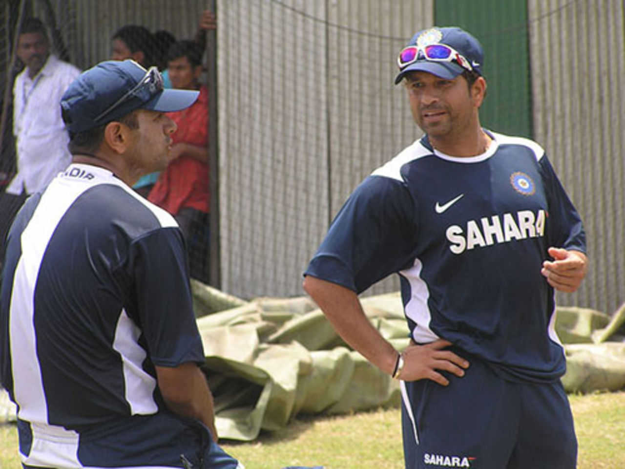 Rahul Dravid and Sachin Tendulkar chat during a training session, Sri Lanka v India, 3rd Test, P Sara, Colombo, August 7, 2008