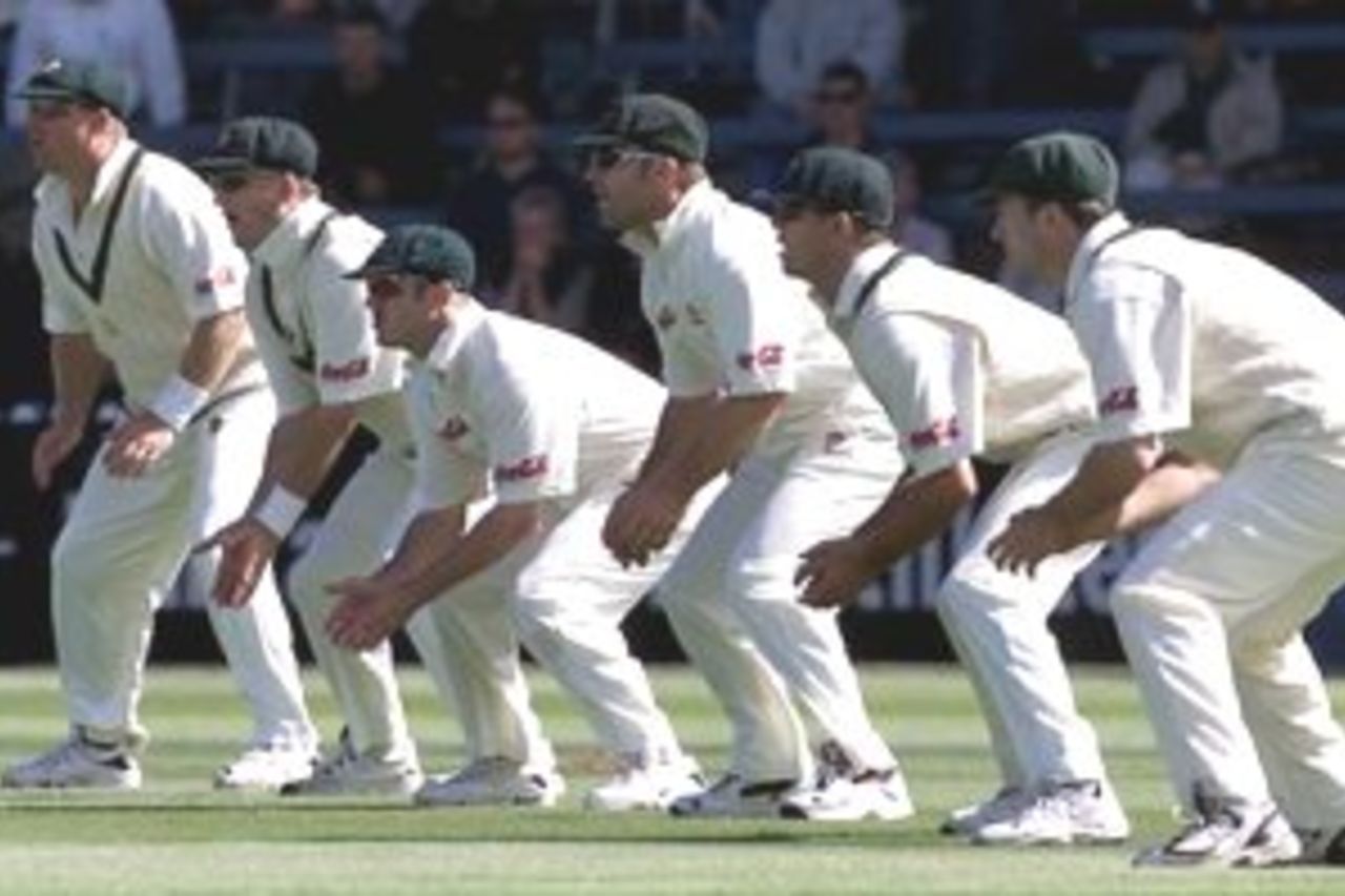 24 Mar 2000: The Australian slips to Stephen Fleming of New Zealand (l-r) Shane Warne (1st slip), Mark Waugh (2nd slip), Damien Martyn (3rd slip), Michael Slater (4th slip), Greg Blewett (5th slip) and Steve Waugh (gully), during day one of the second test between New Zealand and Australia at the Basin Reserve, Wellington, New Zealand.