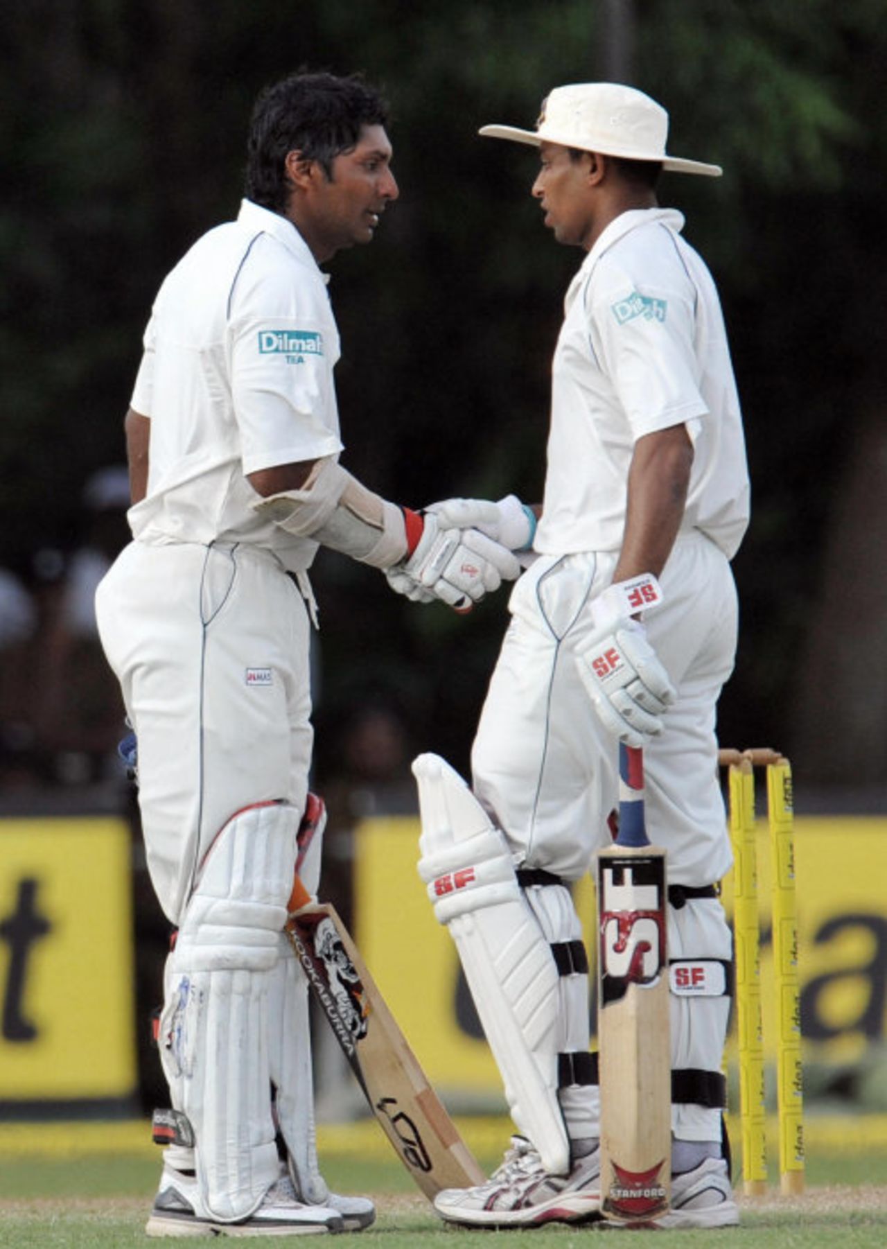 Kumar Sangakkara is congratulated by Tillakaratne Dilshan on his century, Sri Lanka v India, 3rd Test, PSS, Colombo, 2nd day, August 9, 2008