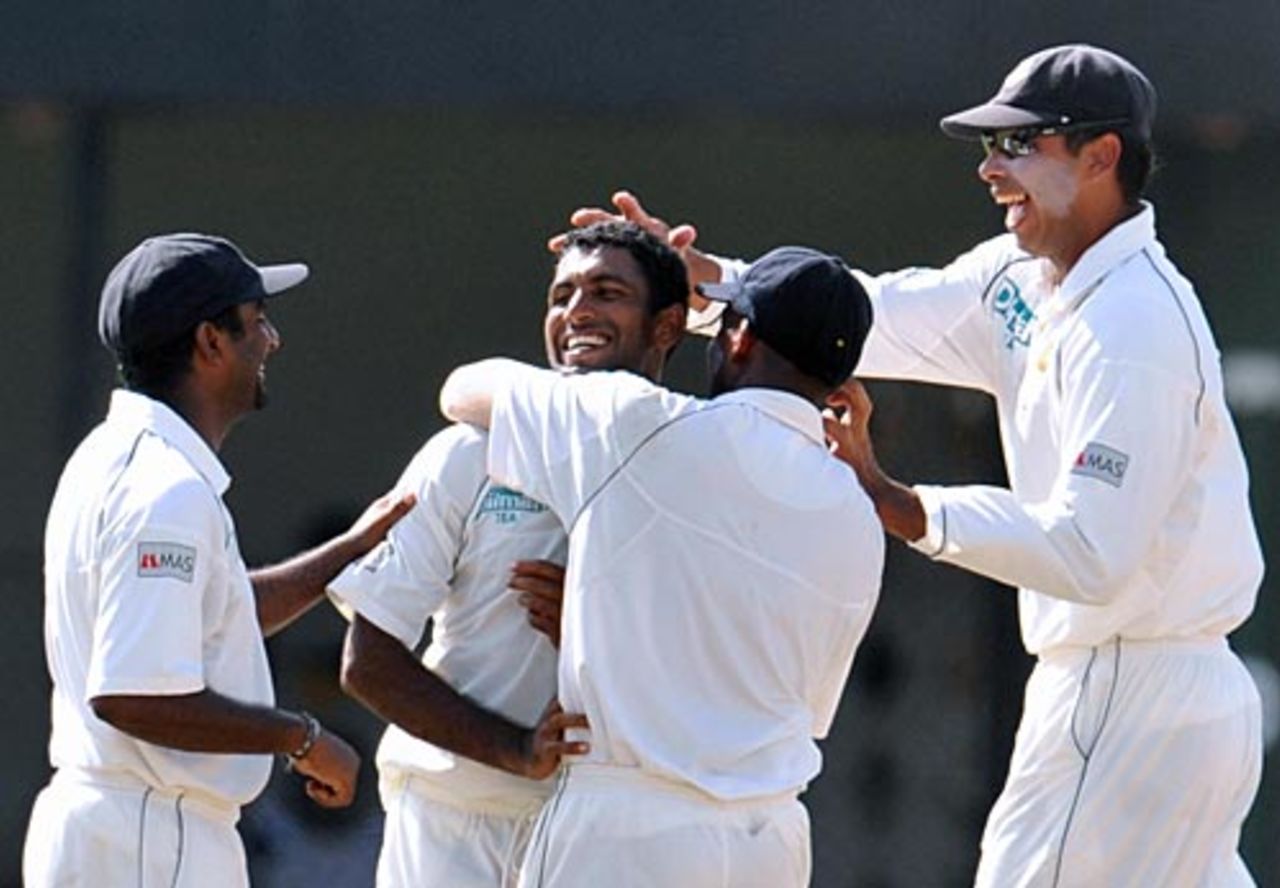Dammika Prasad is mobbed by team-mates after bowling out Gautam Gambhir, Sri Lanka v India, 3rd Test, PSS, Colombo, 3rd day, August 10, 2008