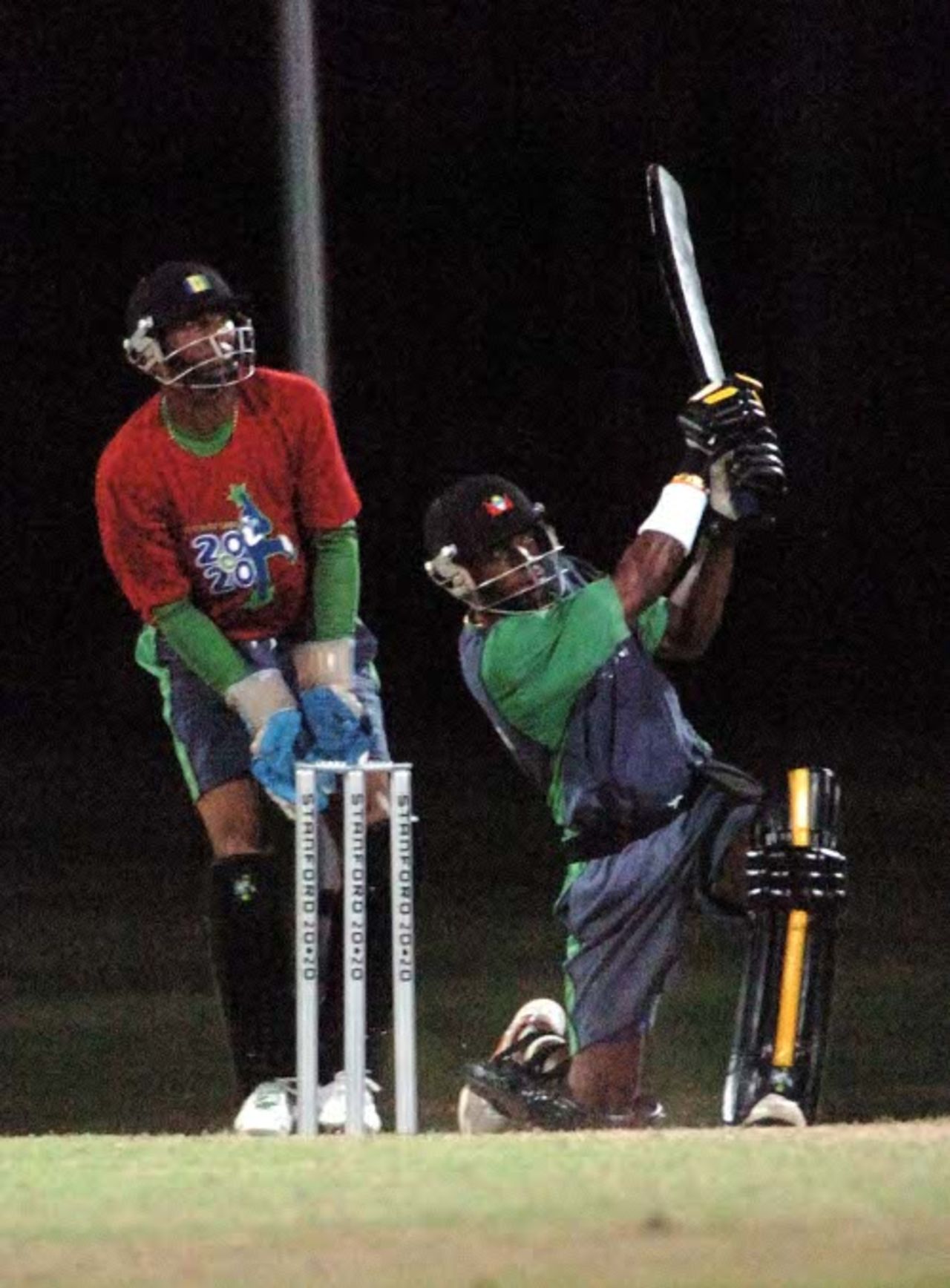 Sylvester Joseph smashes a six during the fifth practice match between members of the Stanford Superstars squad played at the Stanford Cricket Ground, August 9, 2008