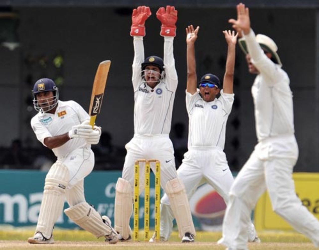 Indian players unsuccessfully appeal for an lbw against Mahela Jayawardene, Sri Lanka v India, 3rd Test, PSS, Colombo, 4th day, August 11, 2008