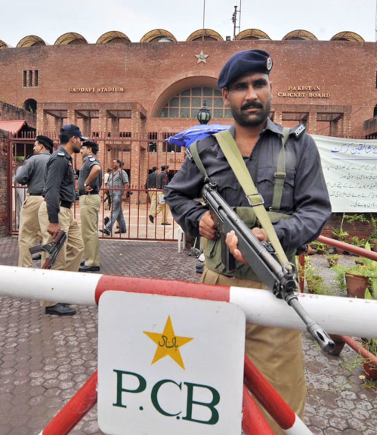 Heavy security at the Gaddafi Stadium during the ICC inspection of arrangements for the ICC Champions Trophy, Lahore, August 11, 2008