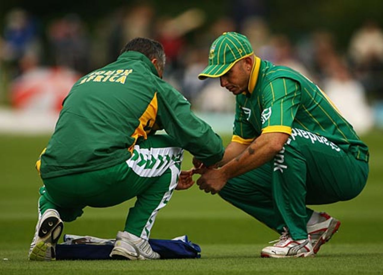 Herschelle Gibbs being attended to by the physio, PCA Masters XI v South Africans, Wormsley, August 13, 2008