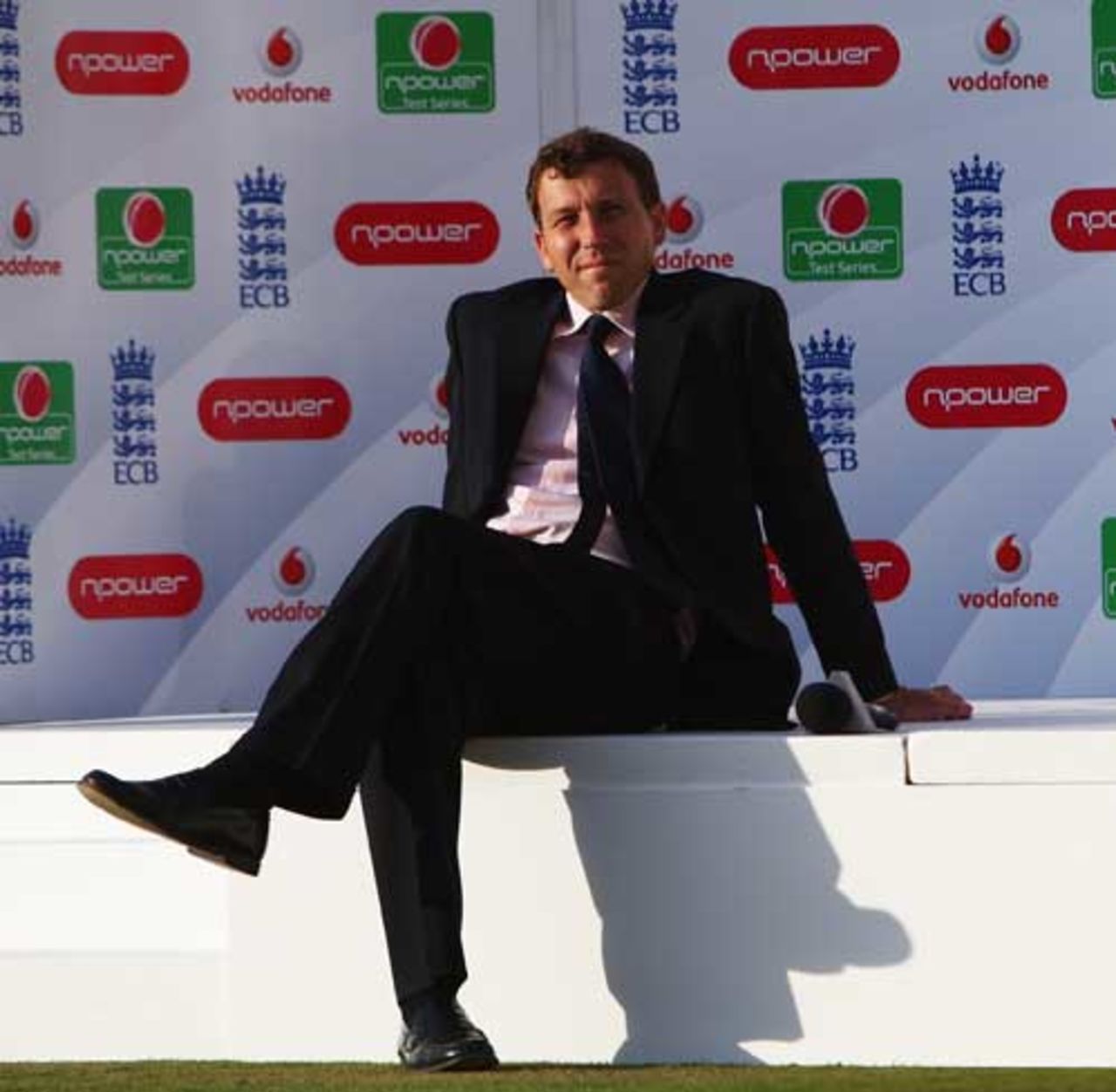 Commentator Michael Atherton sits on the npower stage on day five, England v India, third Test, The Oval