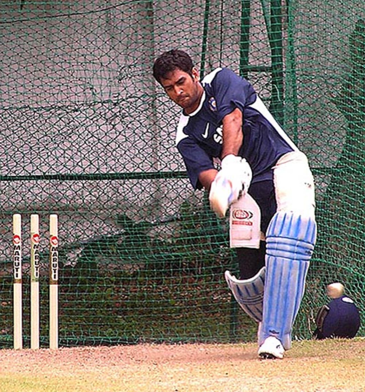 Mahendra Singh Dhoni in attacking mode at the nets, Colombo, August 14, 2008