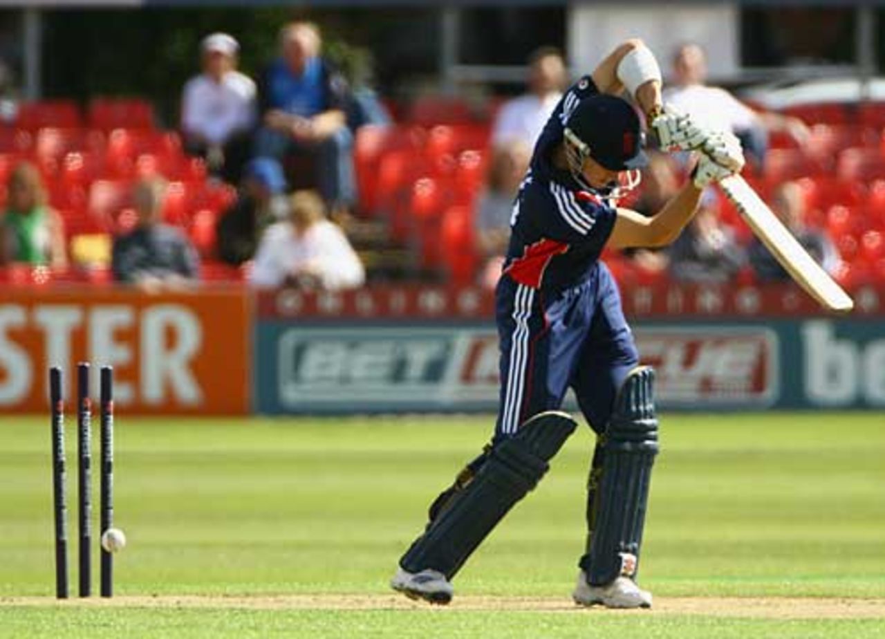 Joe Denly is bowled by Dale Steyn early in England Lions' innings, England Lions v South Africans, Grace Road, August 14, 2008