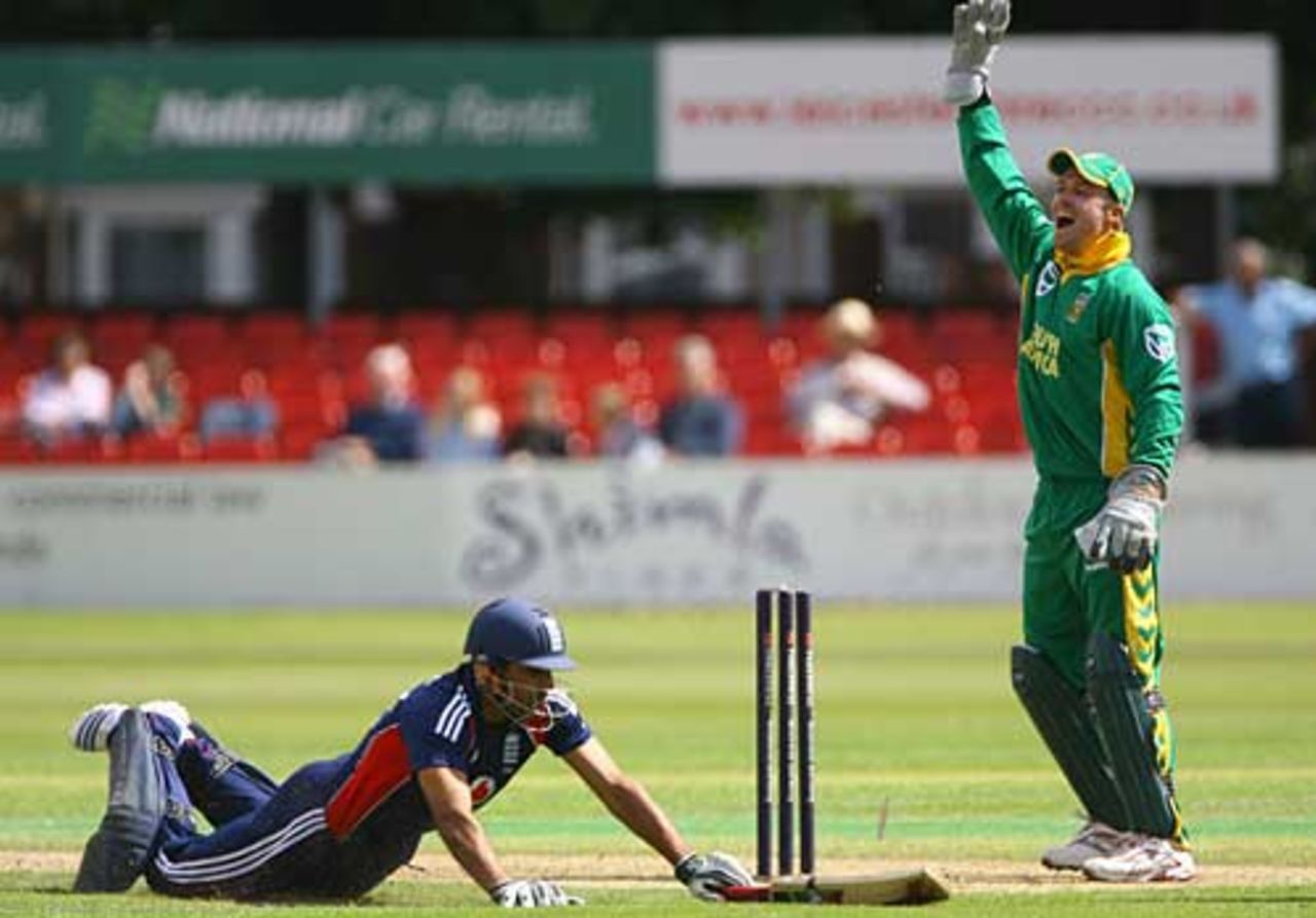 Ravi Bopara is run out to begin England Lions' batting collapse, England Lions v South Africans, Grace Road, August 14, 2008