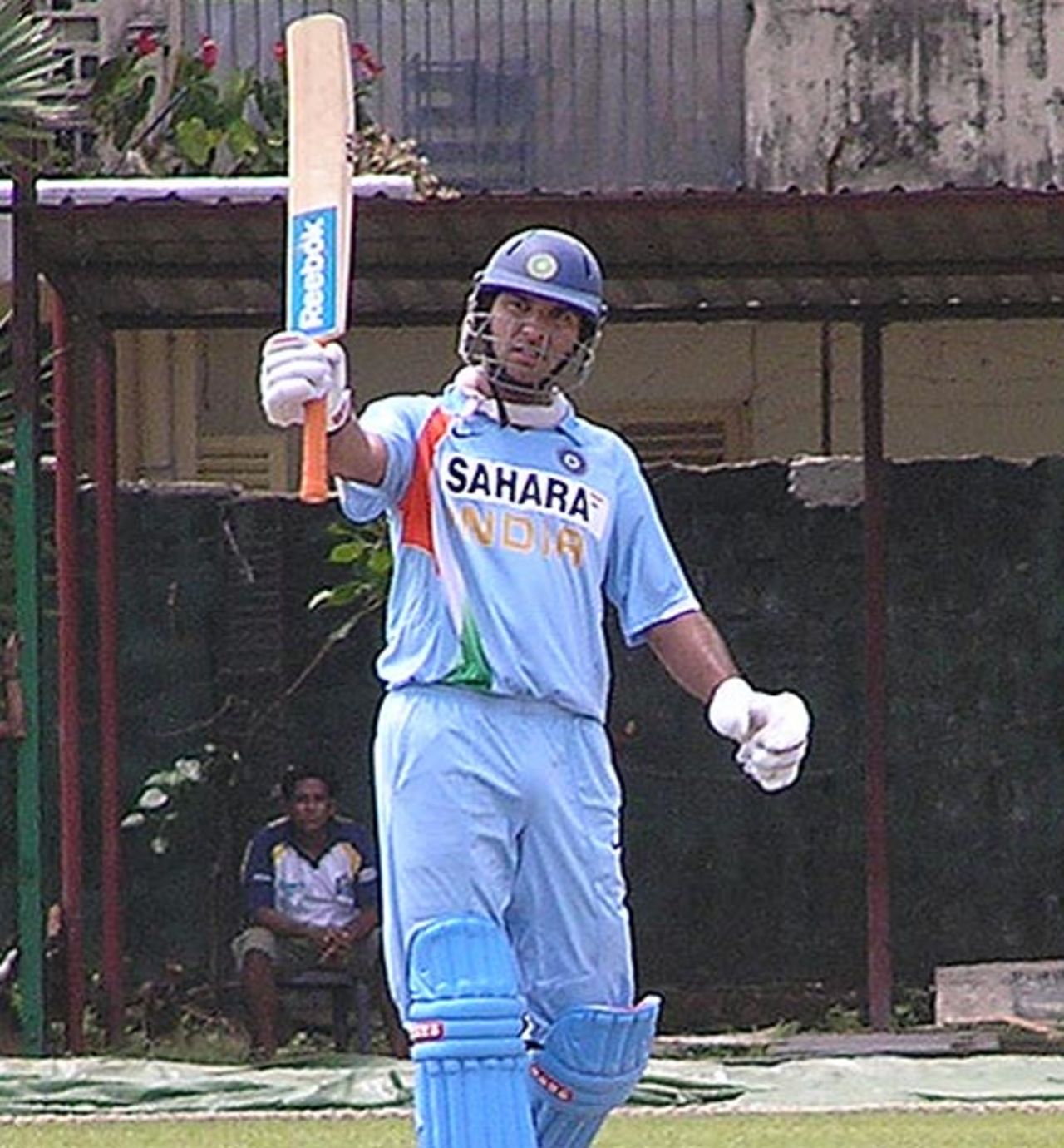 Yuvraj Singh raises his bat after reaching 150, Sri Lankan XI vs Indians, PSS, Colombo, August 15, 2008