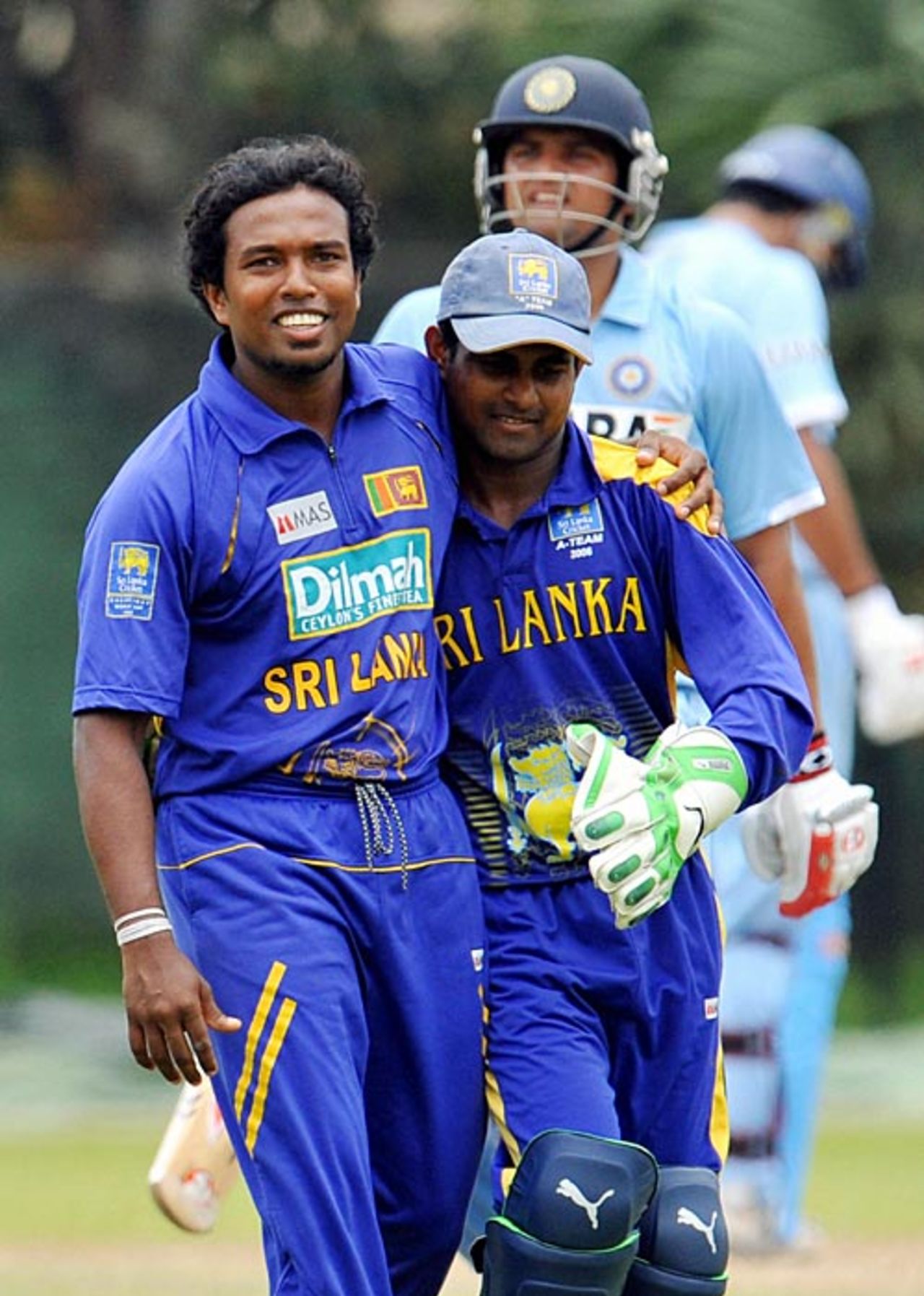 Kaushal Silva congratulates Malinga Bandara on getting Suresh Raina's wicket, Sri Lankan XI vs Indians, PSS, Colombo, August 15, 2008